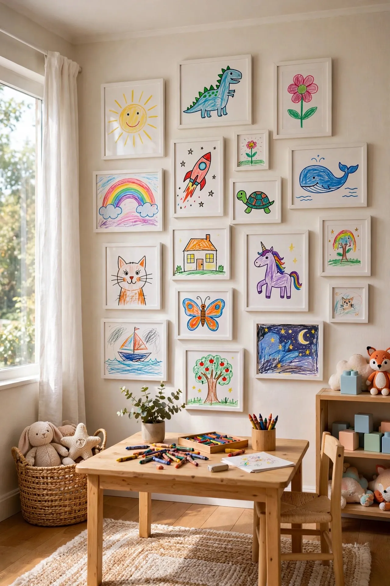Kids art gallery wall with colorful framed children's drawings