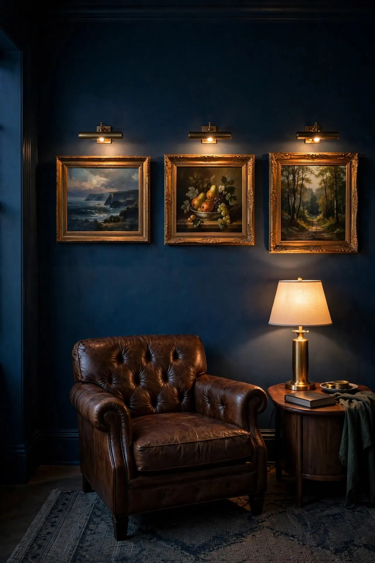Gallery wall lit by brass picture lights in a moody room