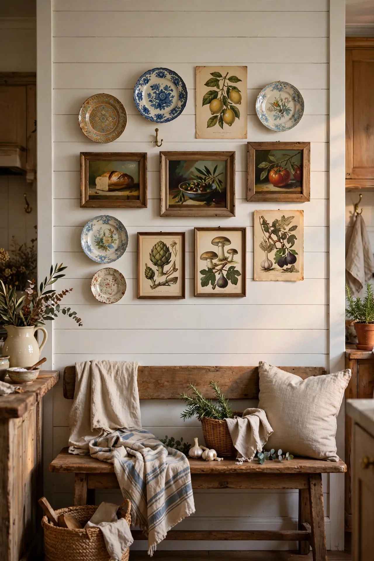 Kitchen gallery wall with vintage food prints and plates
