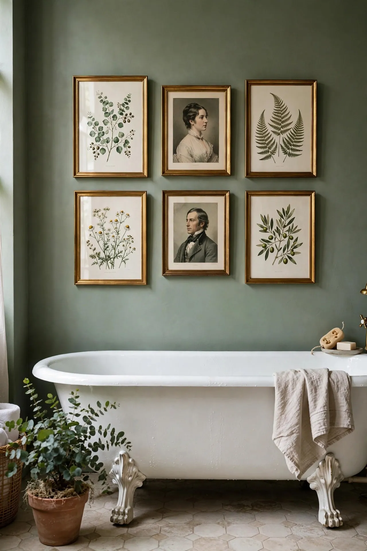 Bathroom gallery wall above a clawfoot tub