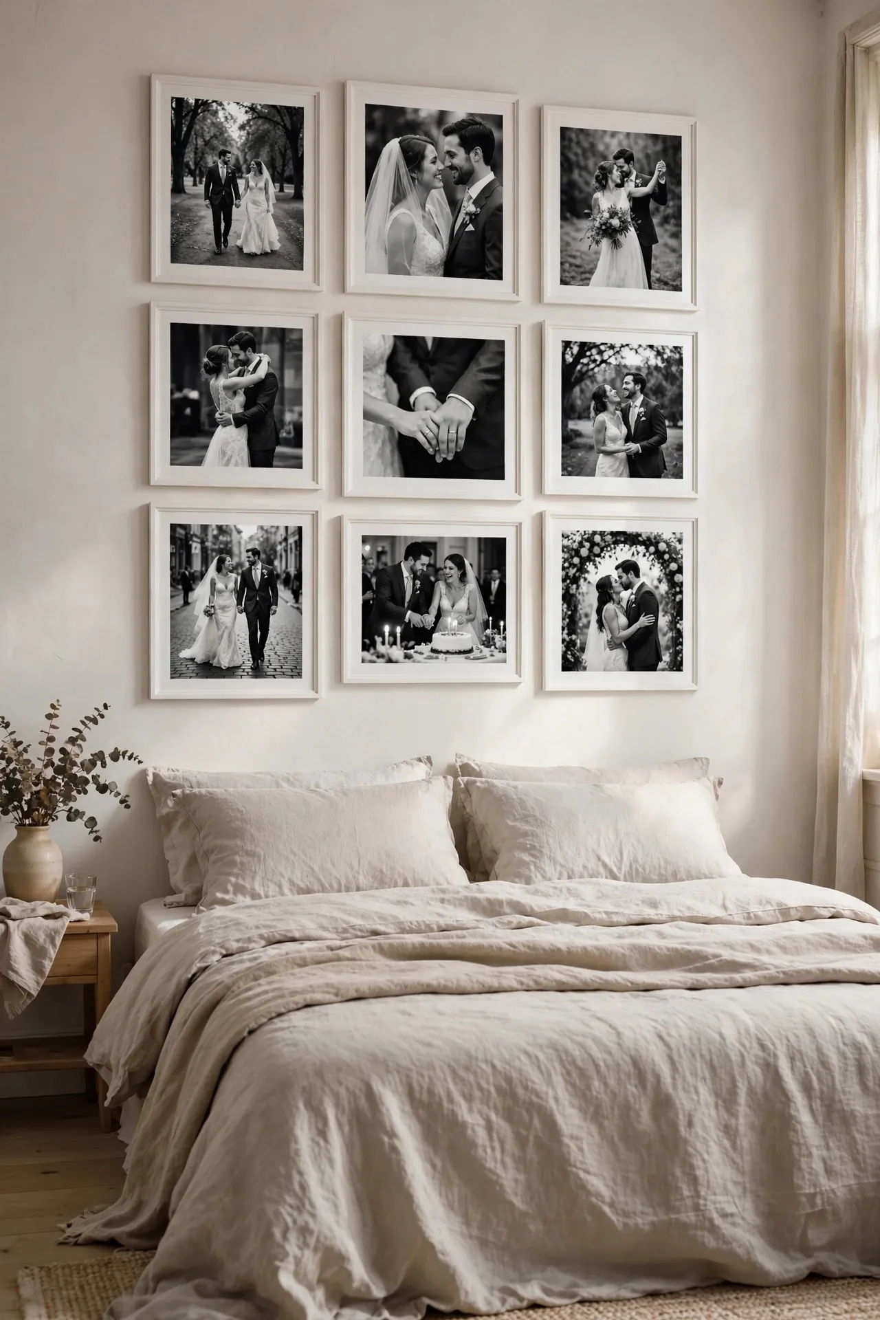 Wedding photo gallery wall in a bedroom