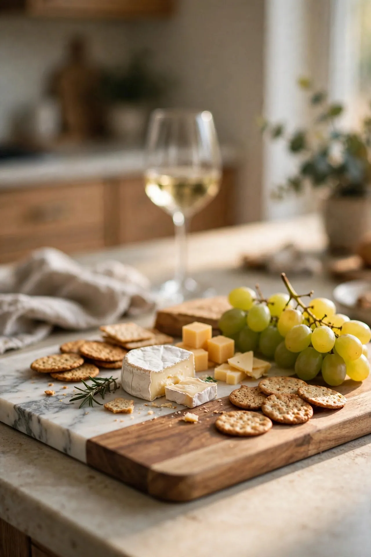 Marble and wood cutting board with cheese and grapes