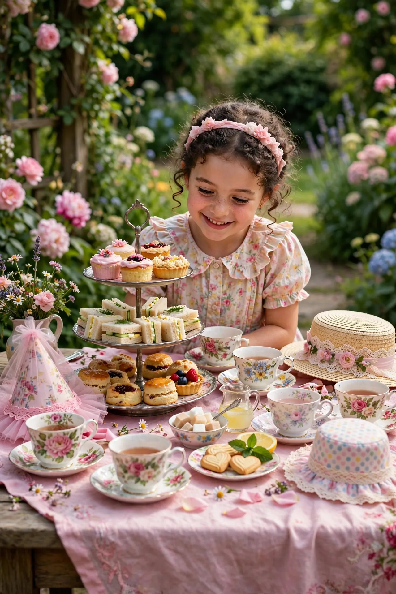 Girls tea party birthday with floral teacups and dress-up