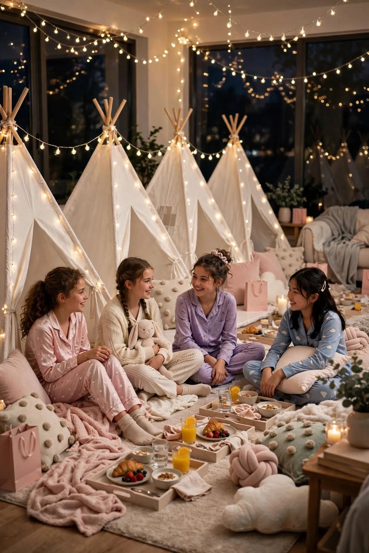 Girls sleepover birthday party with teepees and fairy lights