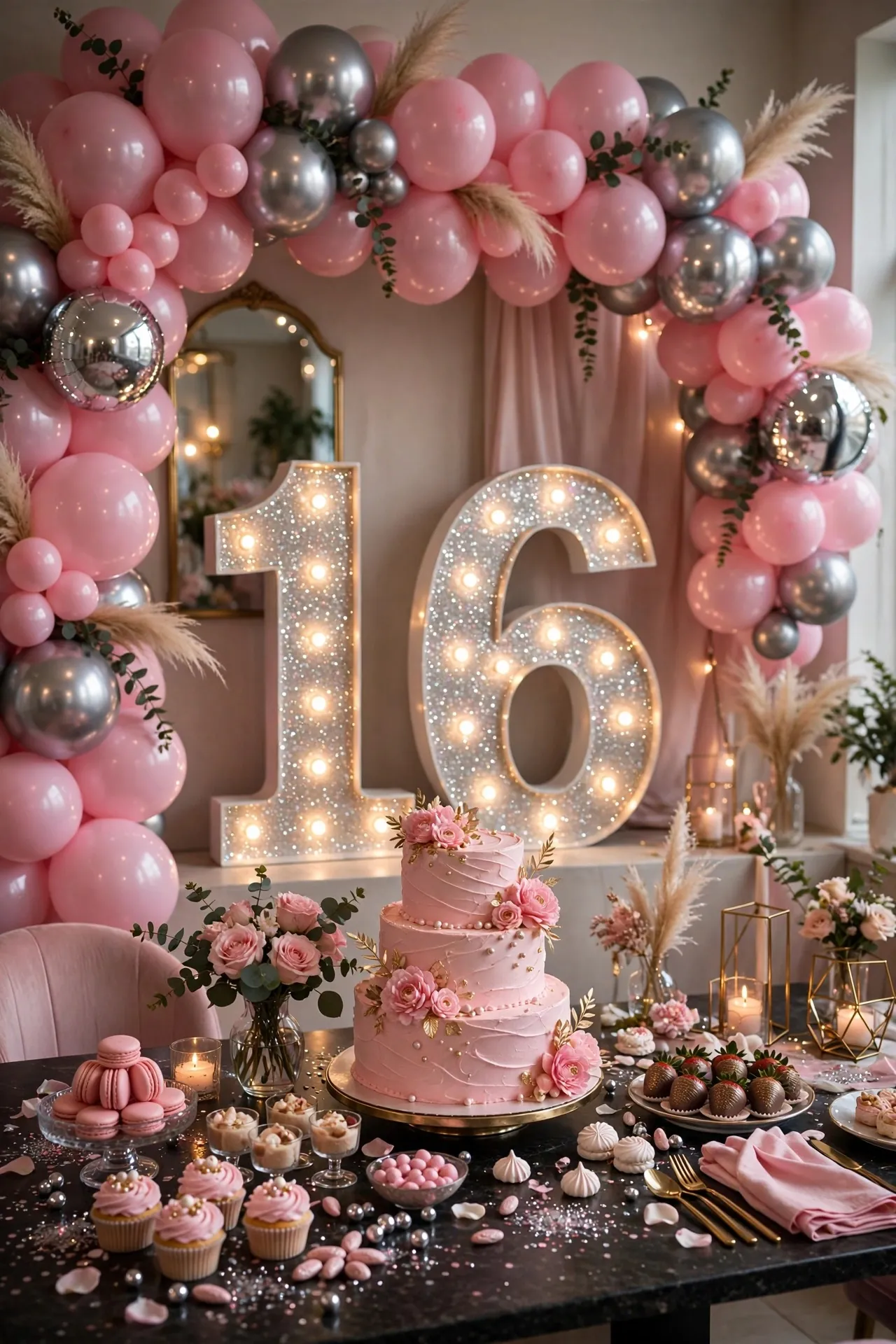 Sweet 16 birthday party with pink and silver decor