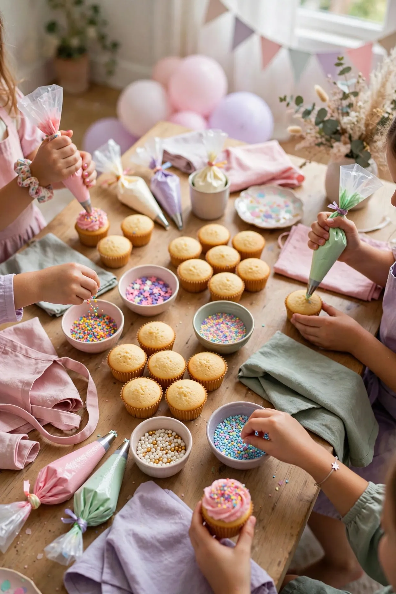 Girls cupcake decorating birthday party with toppings
