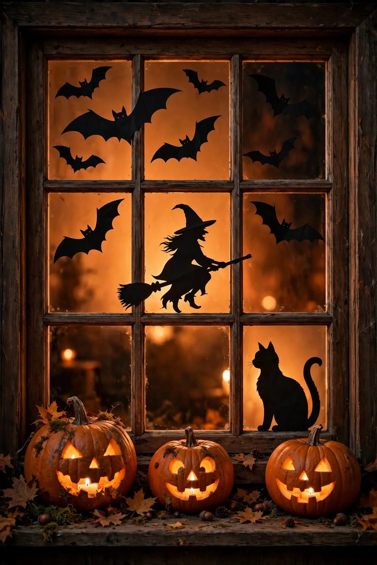House window with spooky Halloween silhouettes at night