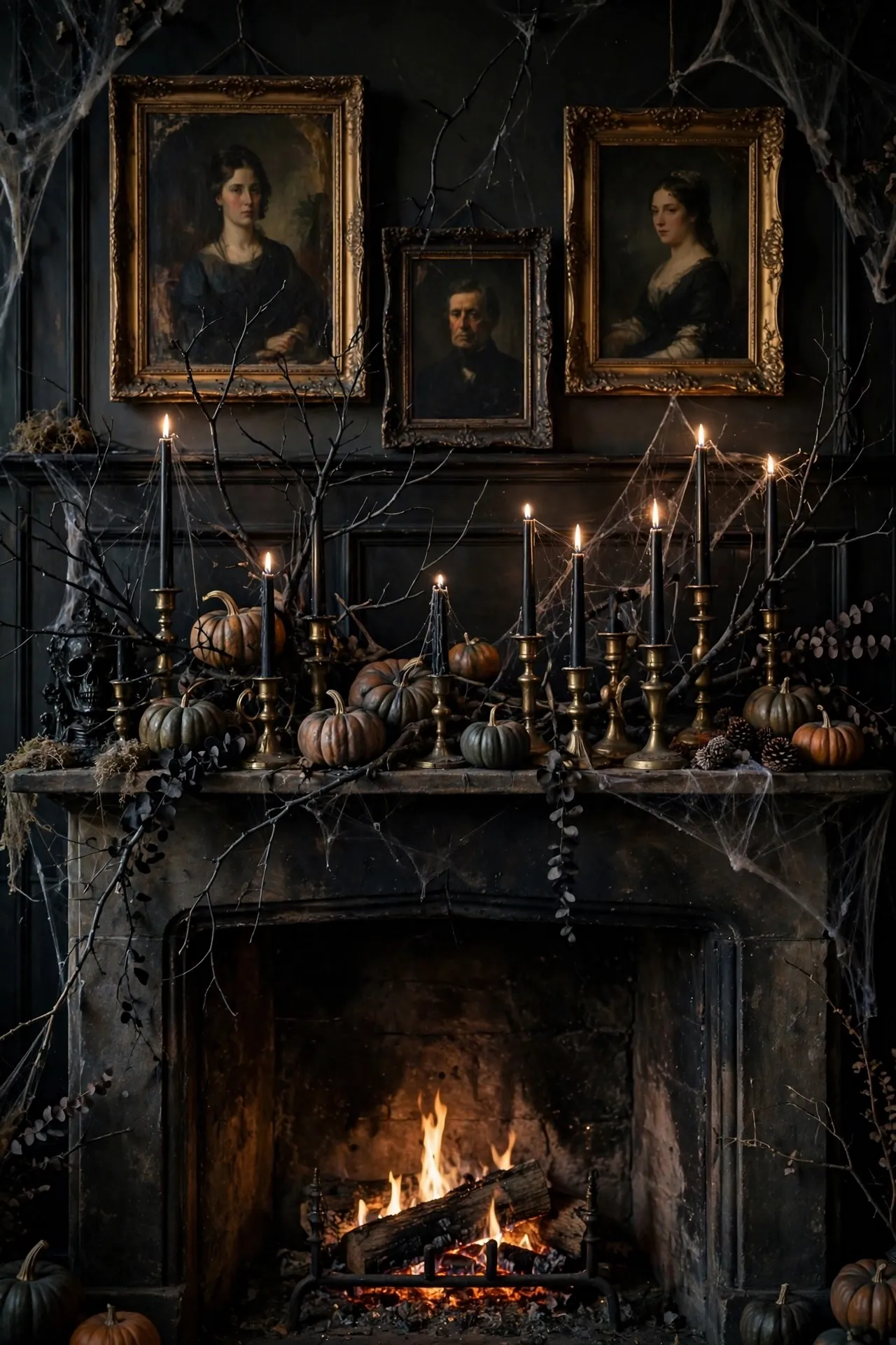 Halloween mantel with black candles, branches and vintage portraits
