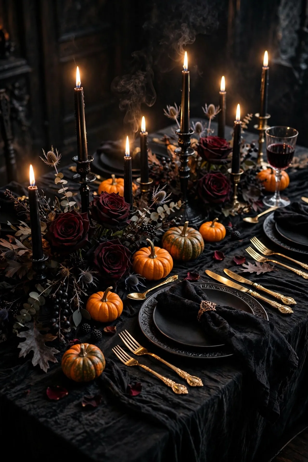 Halloween dinner table with black candles and dark florals