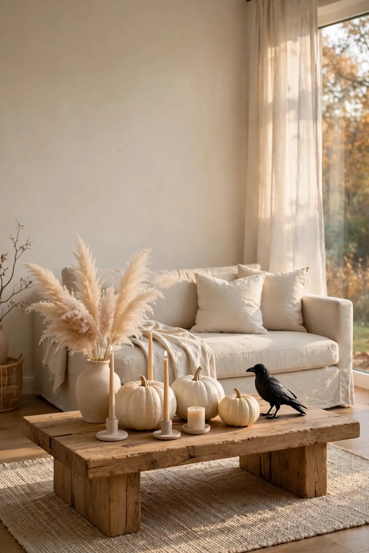 Neutral Halloween decor with white pumpkins and dried grasses