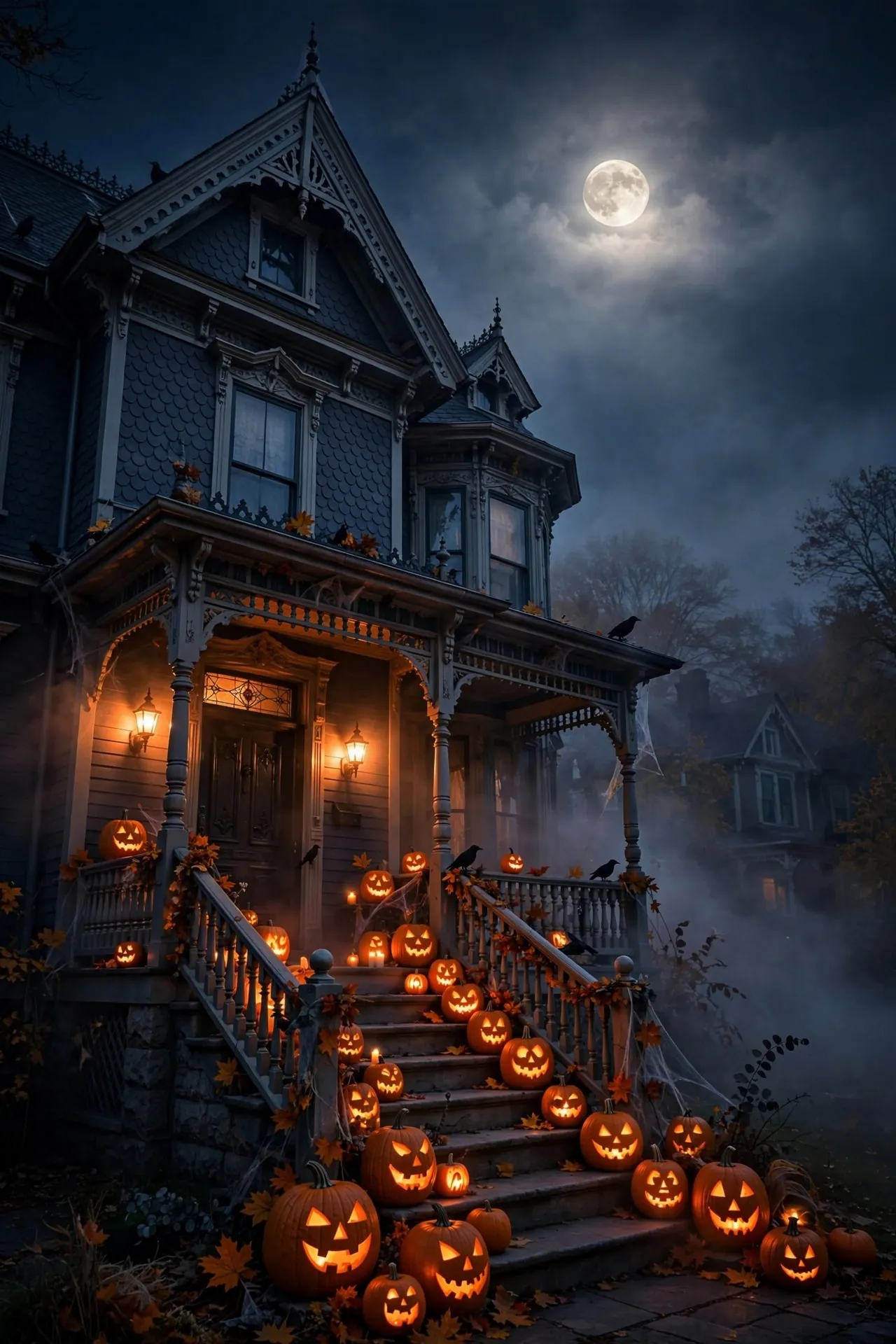 Halloween house at night with glowing jack-o-lanterns