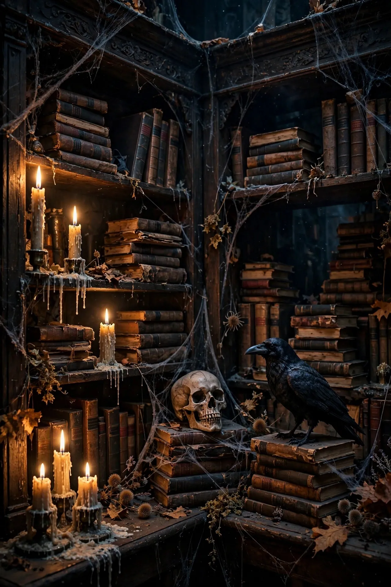 Haunted library corner with old books, candles and a raven