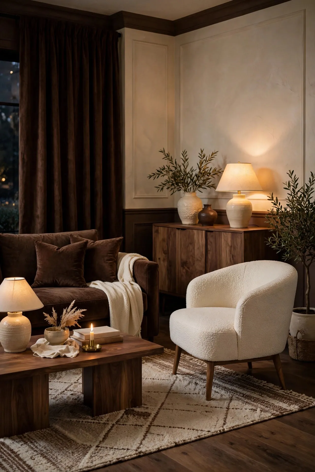 Living room in chocolate brown and cream tones