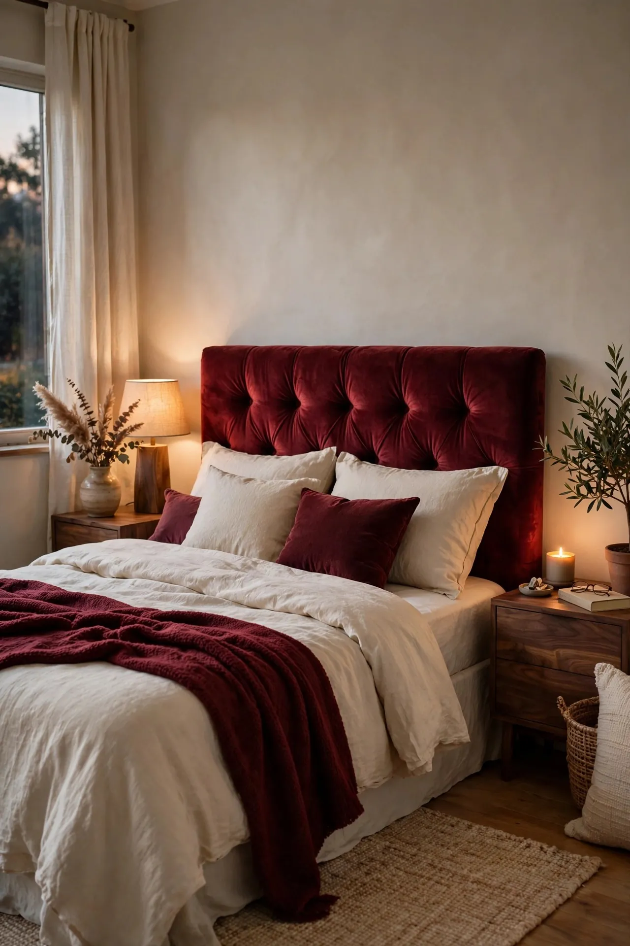 Neutral bedroom with burgundy accents and wood