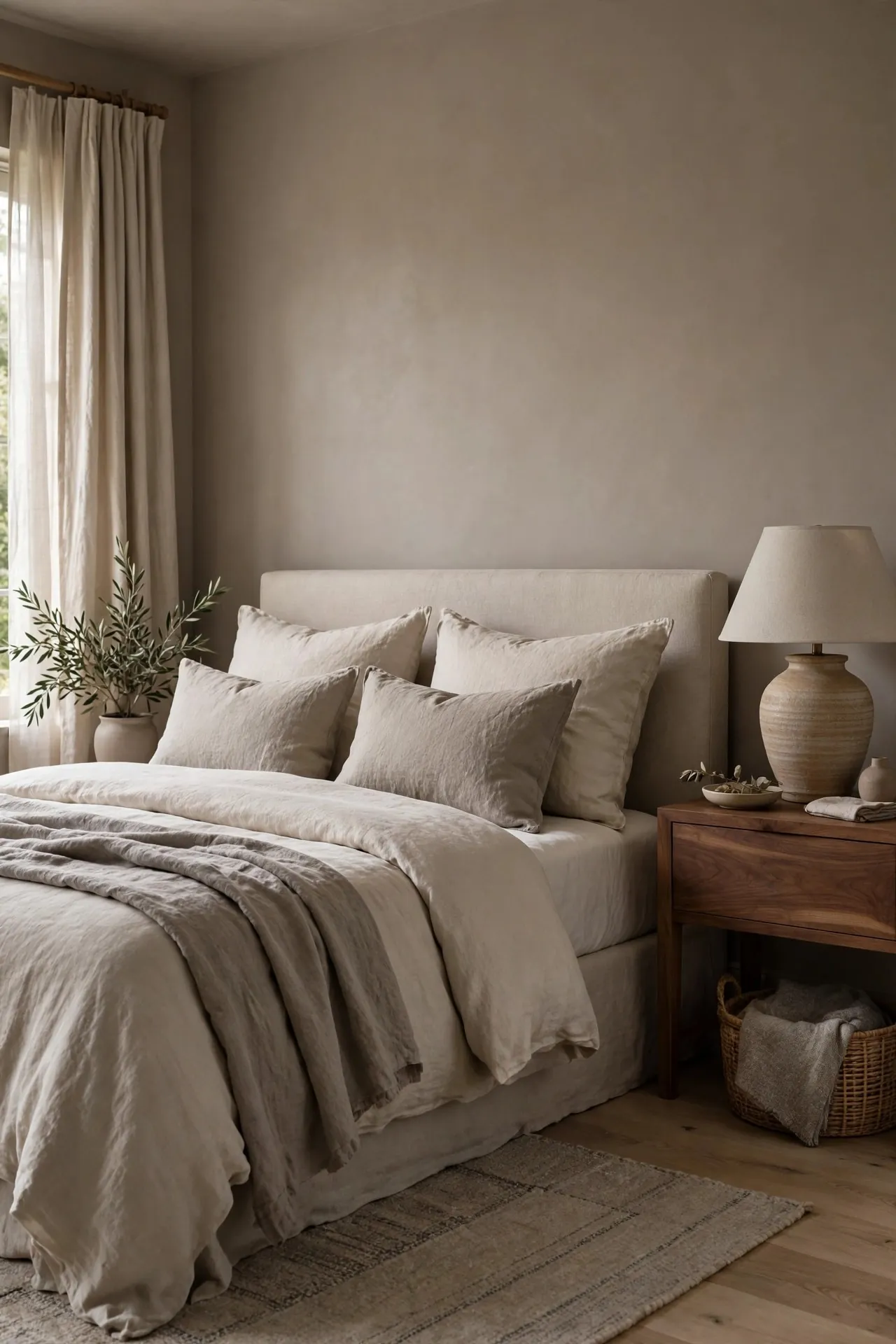 Mushroom and taupe bedroom color scheme with linen textures