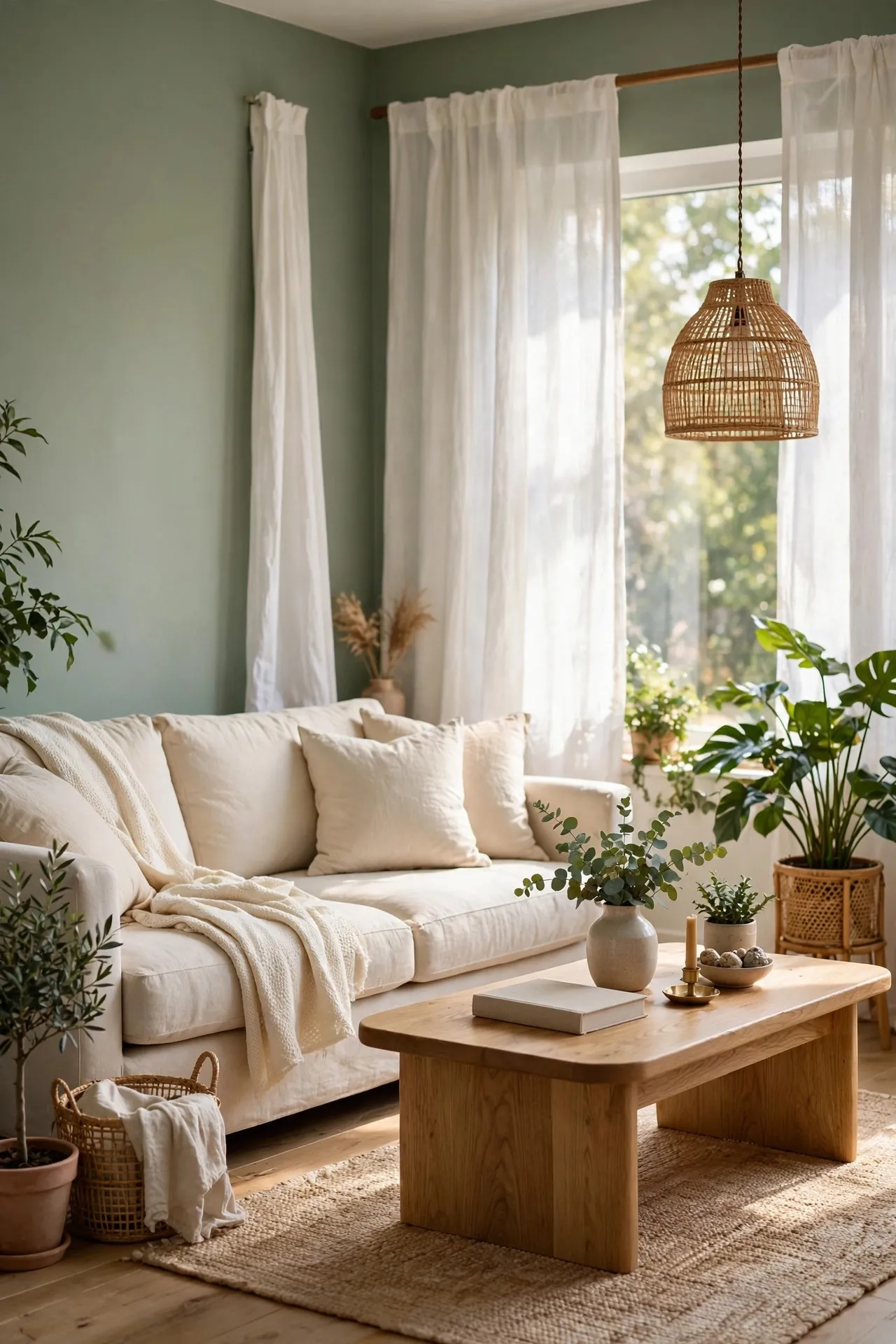 Sage green living room with cream sofa and wood accents