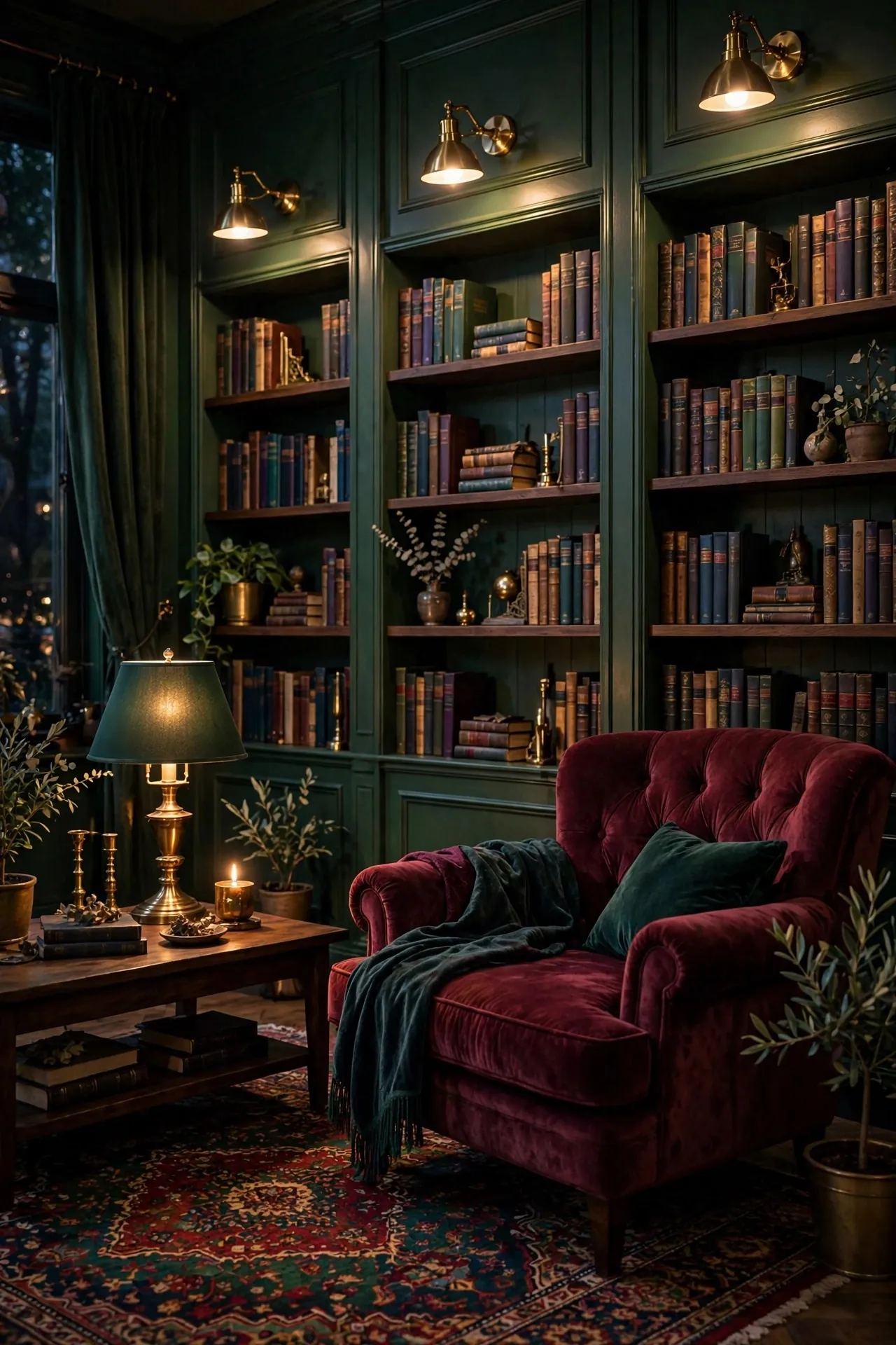 Forest green library room with brass and burgundy accents