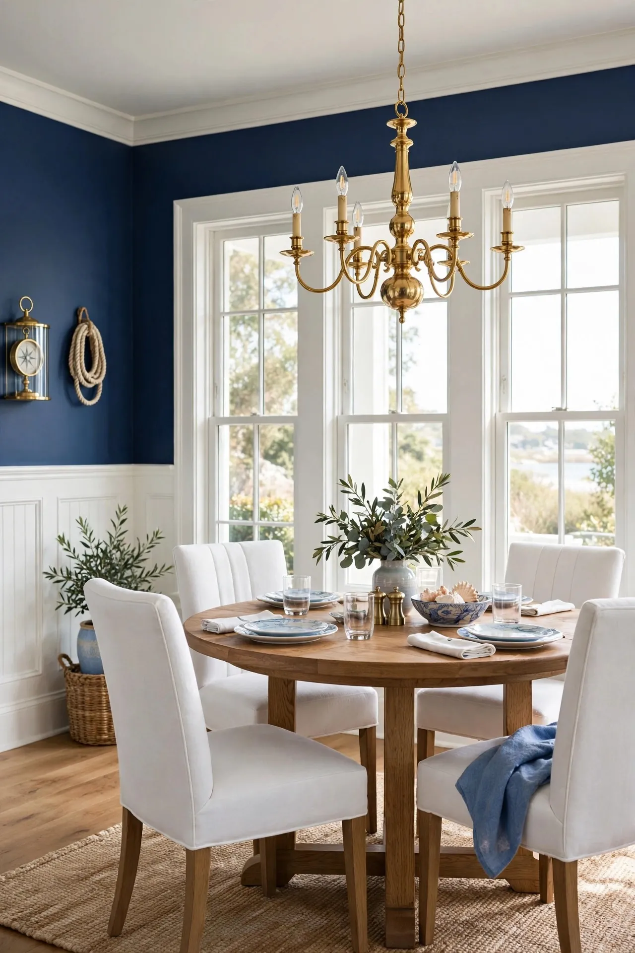 Navy blue and white dining room with brass chandelier