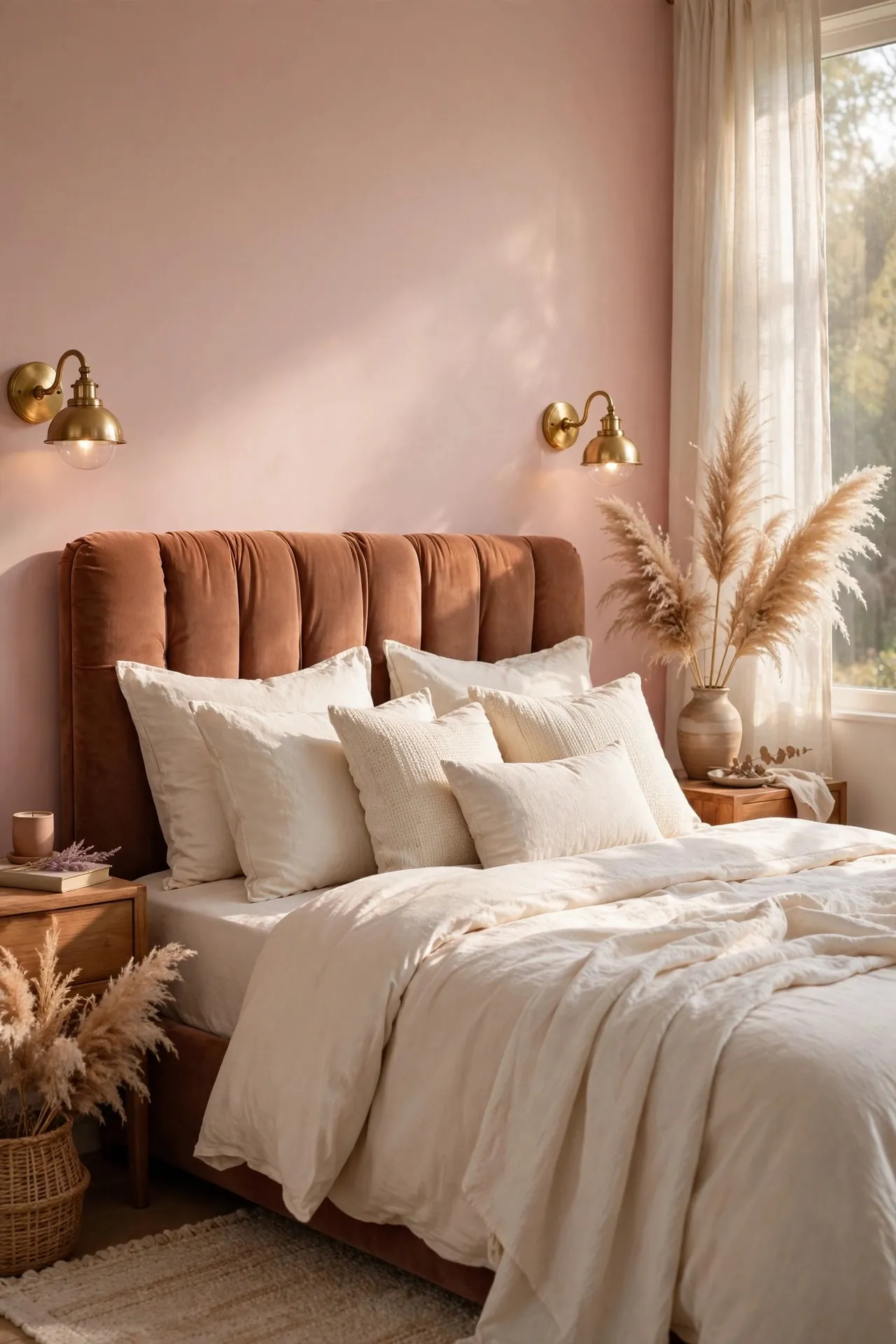 Blush pink and clay bedroom with ivory bedding