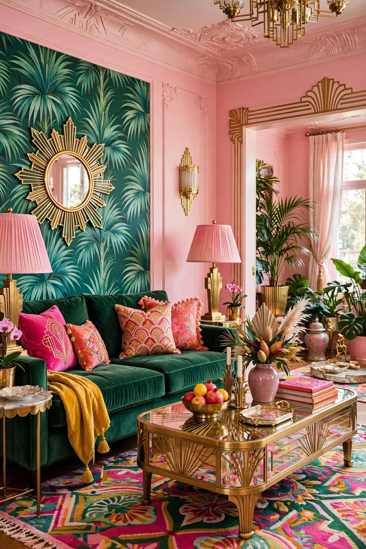 Emerald green and pink maximalist living room with gold accents