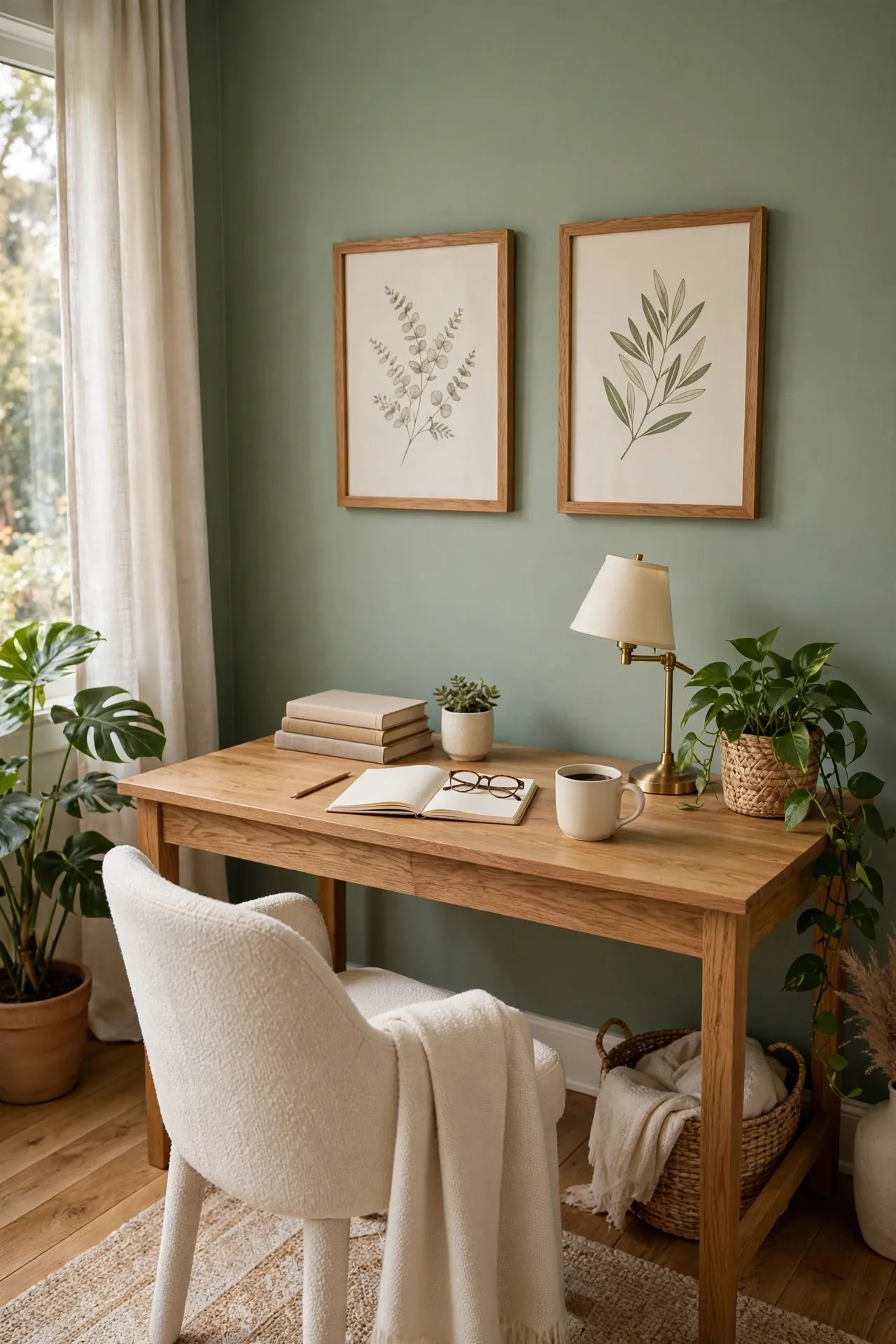 Home office painted in a calming sage green with wood furniture