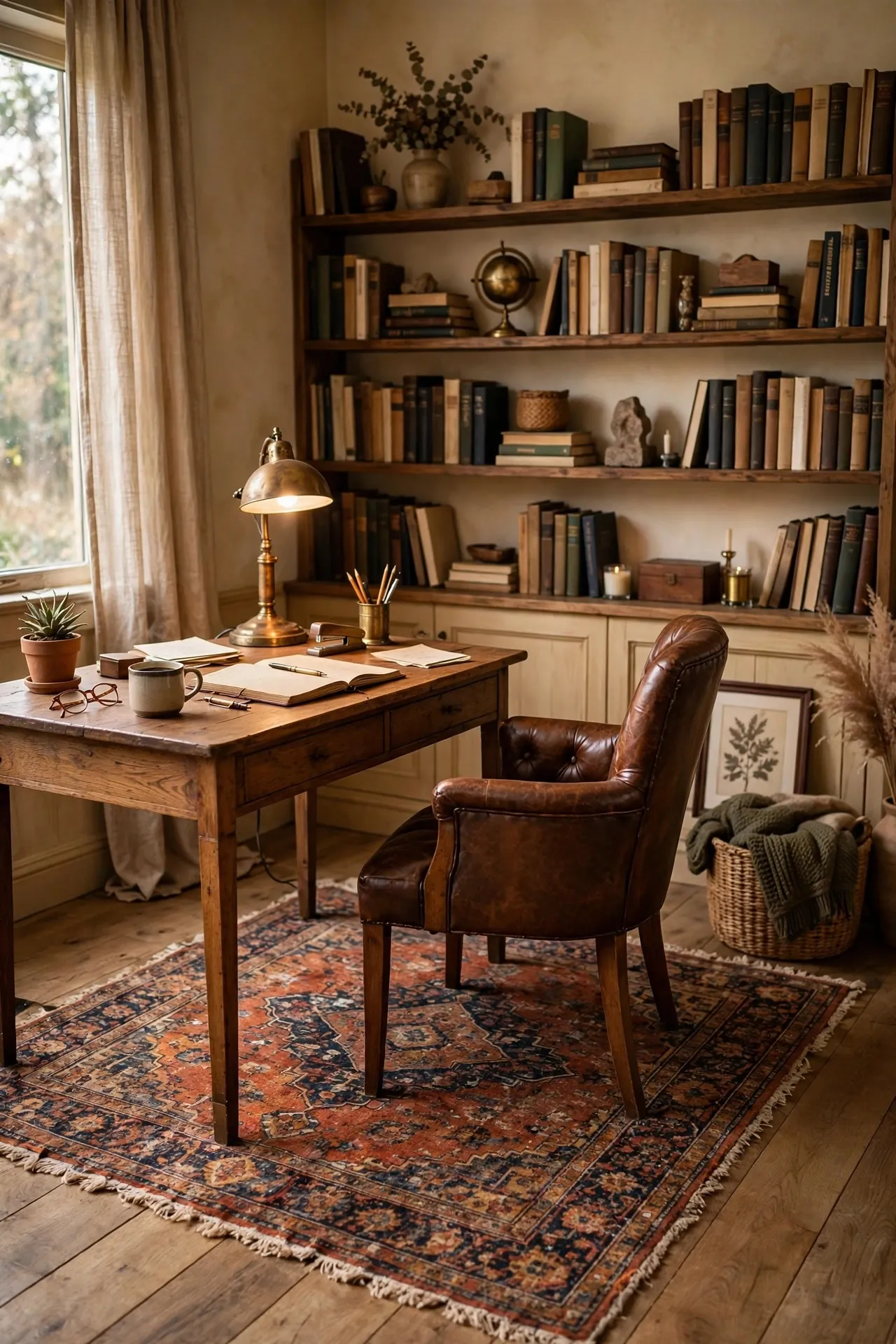 Home office with a vintage-style rug under the desk