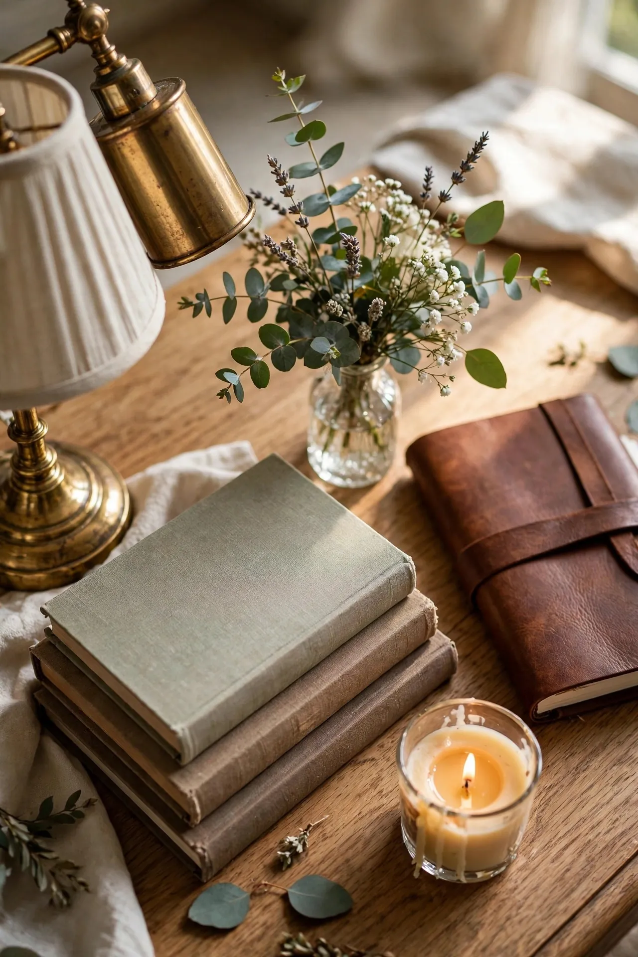 Elegant home office desk styled with flowers, books and a candle