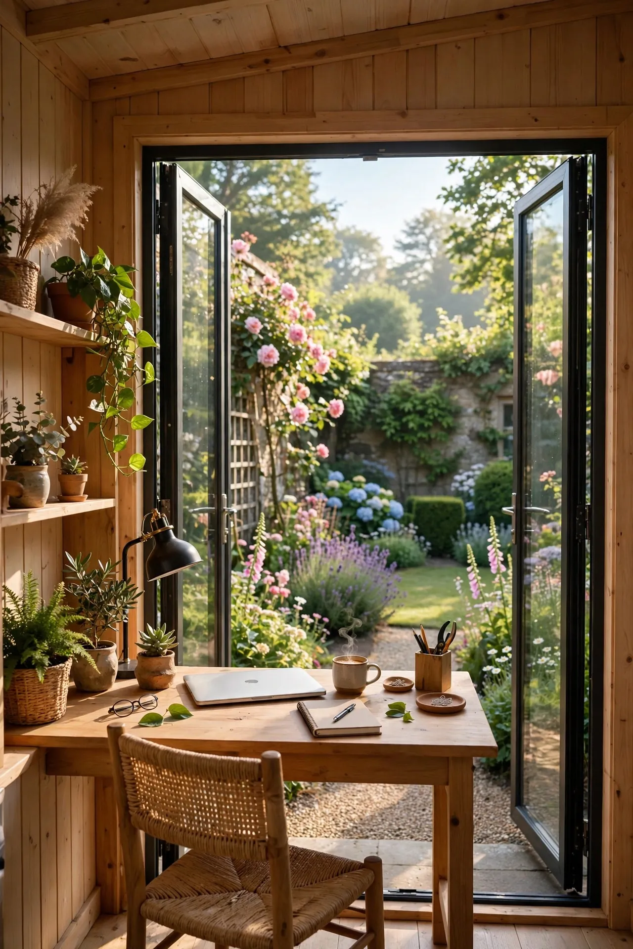 Garden office studio with glass doors and desk