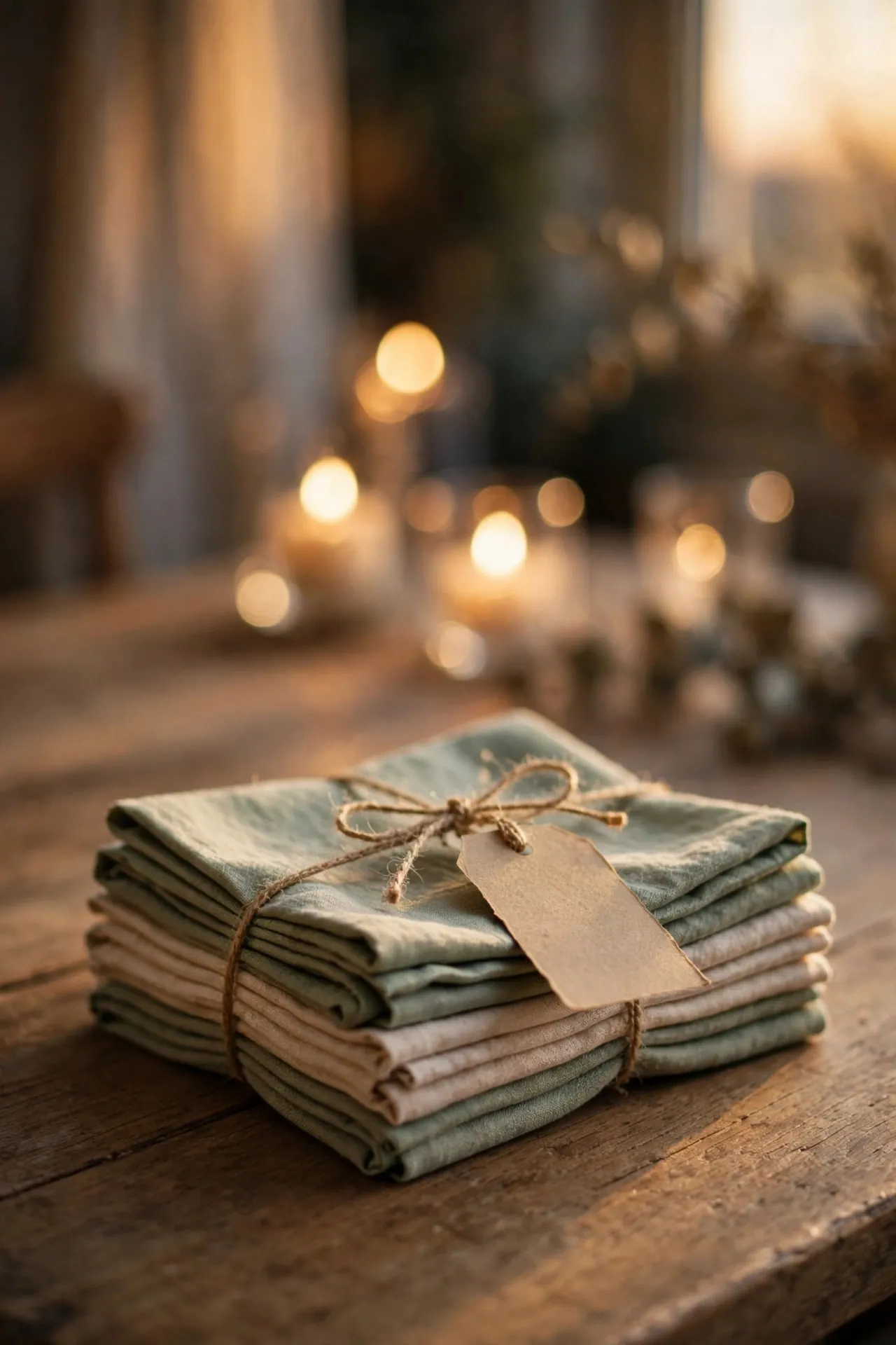Stack of linen napkins tied with twine as a hostess gift