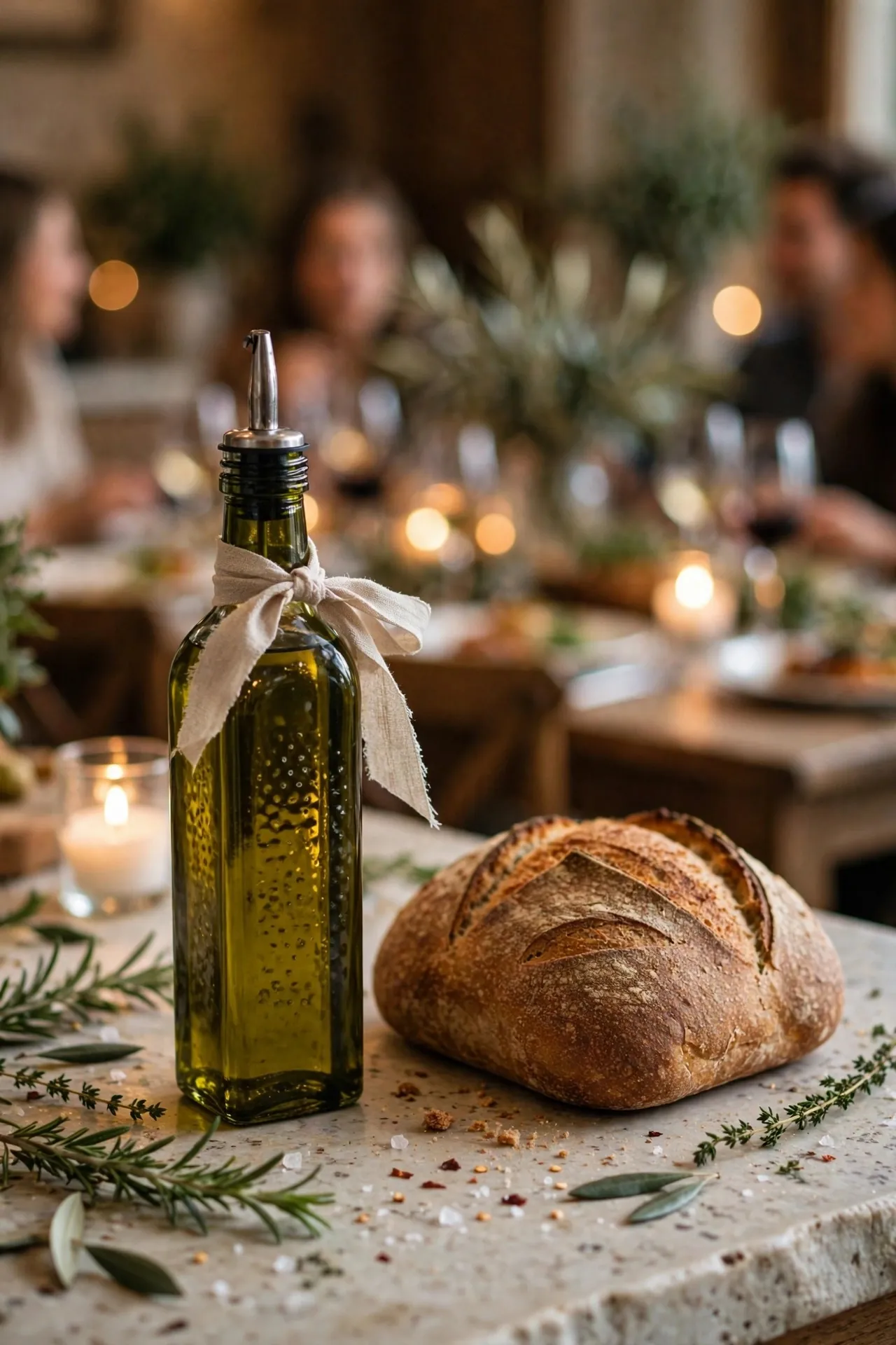 Bottle of olive oil with a ribbon on a kitchen counter