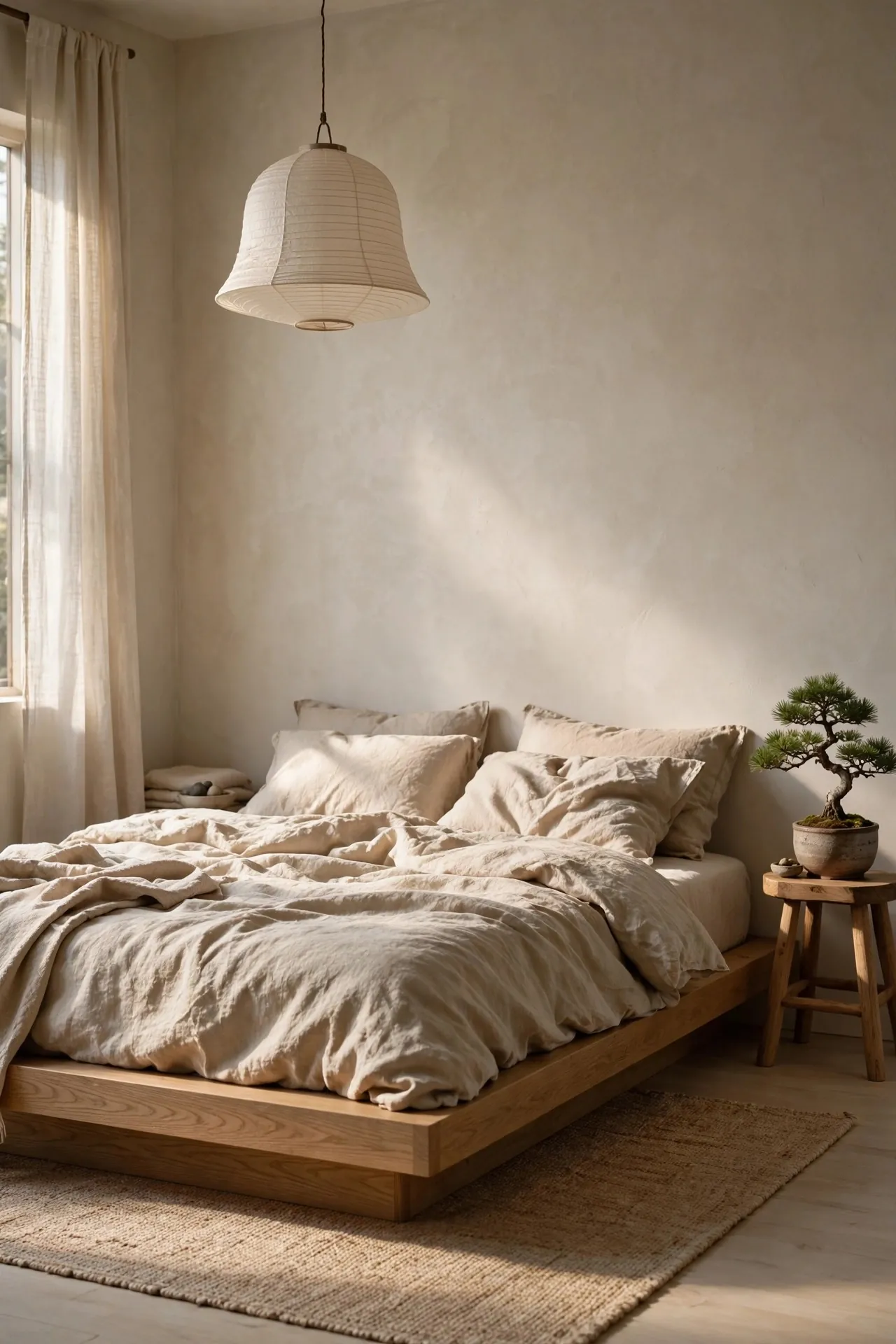 Japandi bedroom with a low platform bed and linen bedding