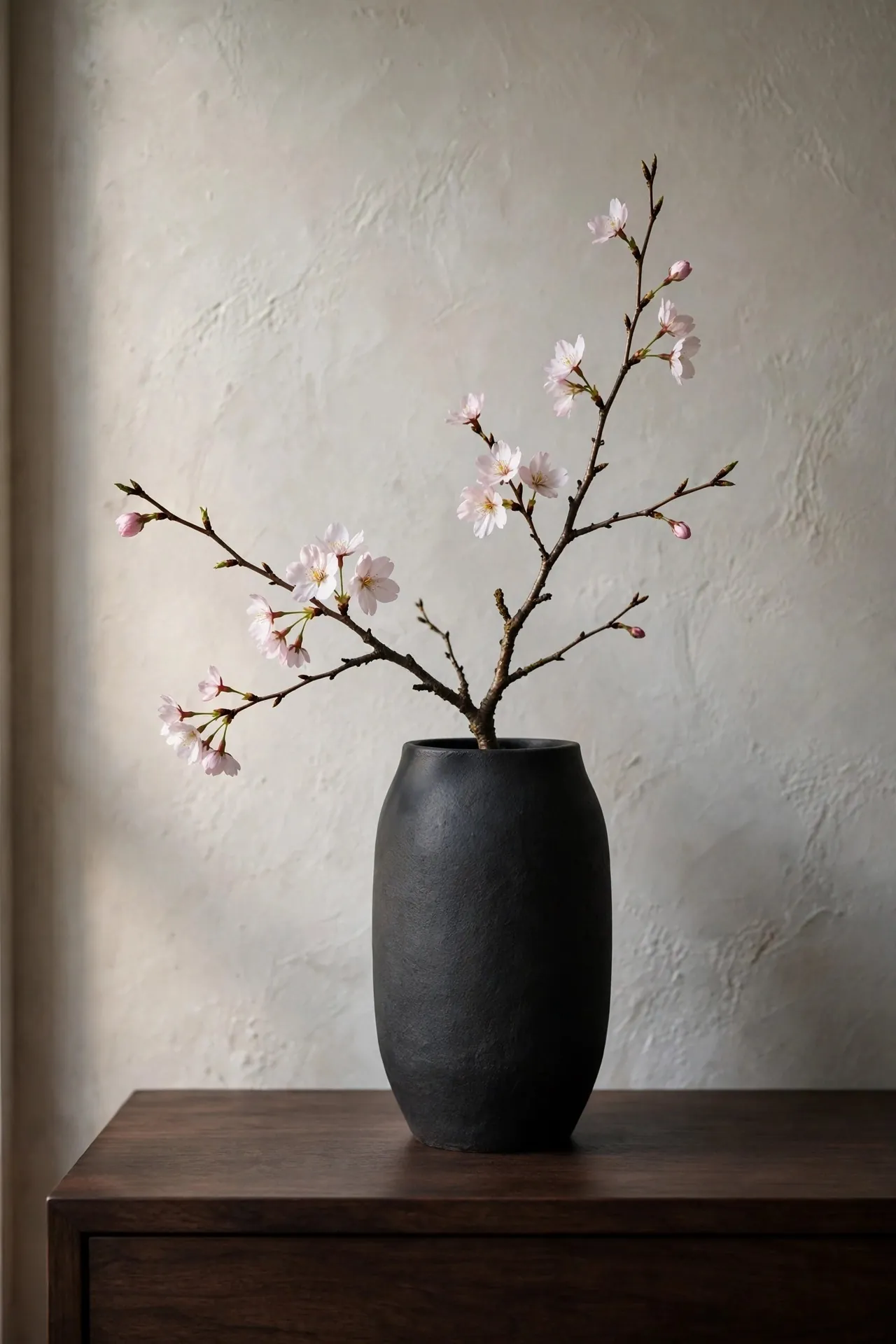 Single branch in a black ceramic vase on a wooden console