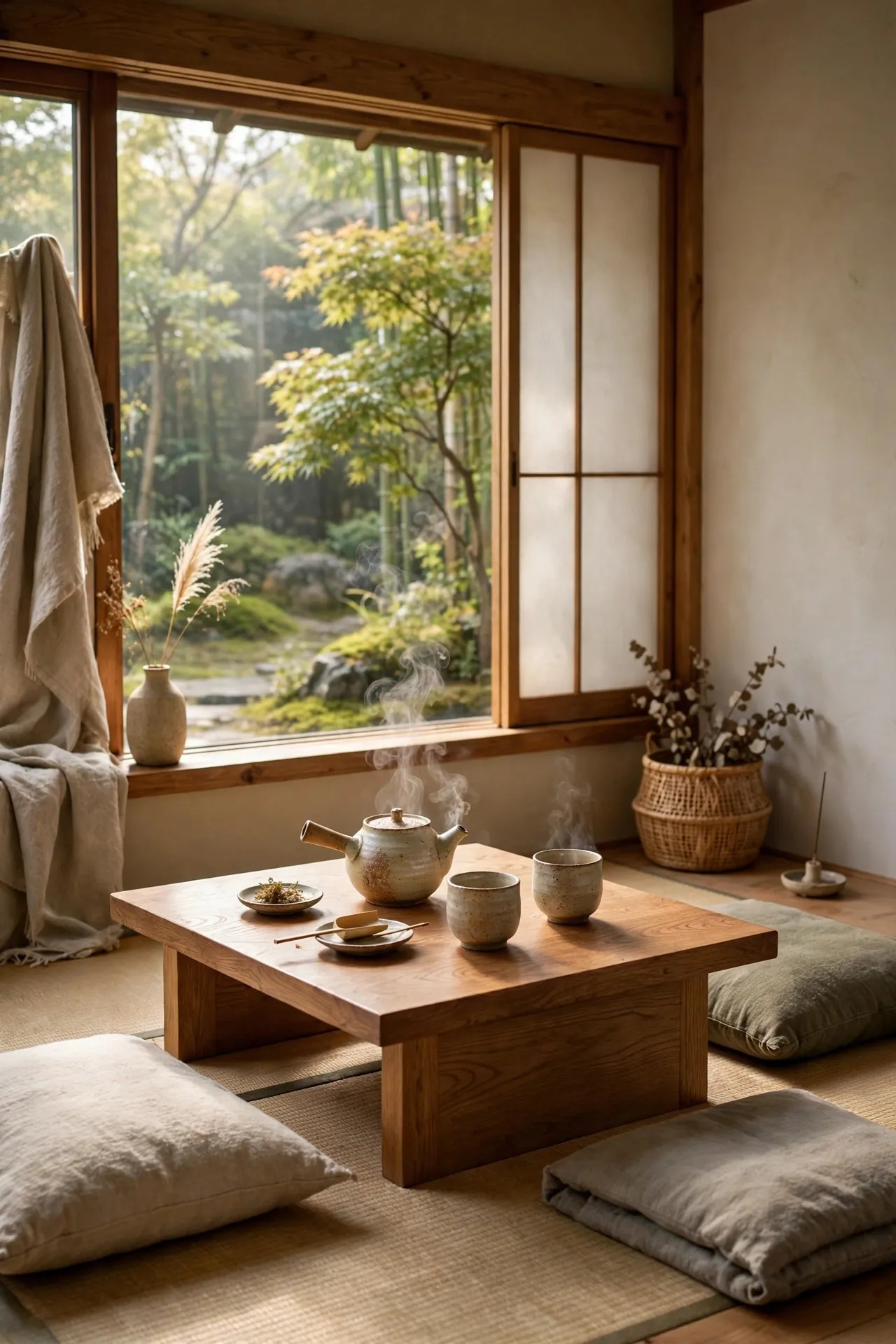 Japandi tea corner with a low table and ceramic tea set