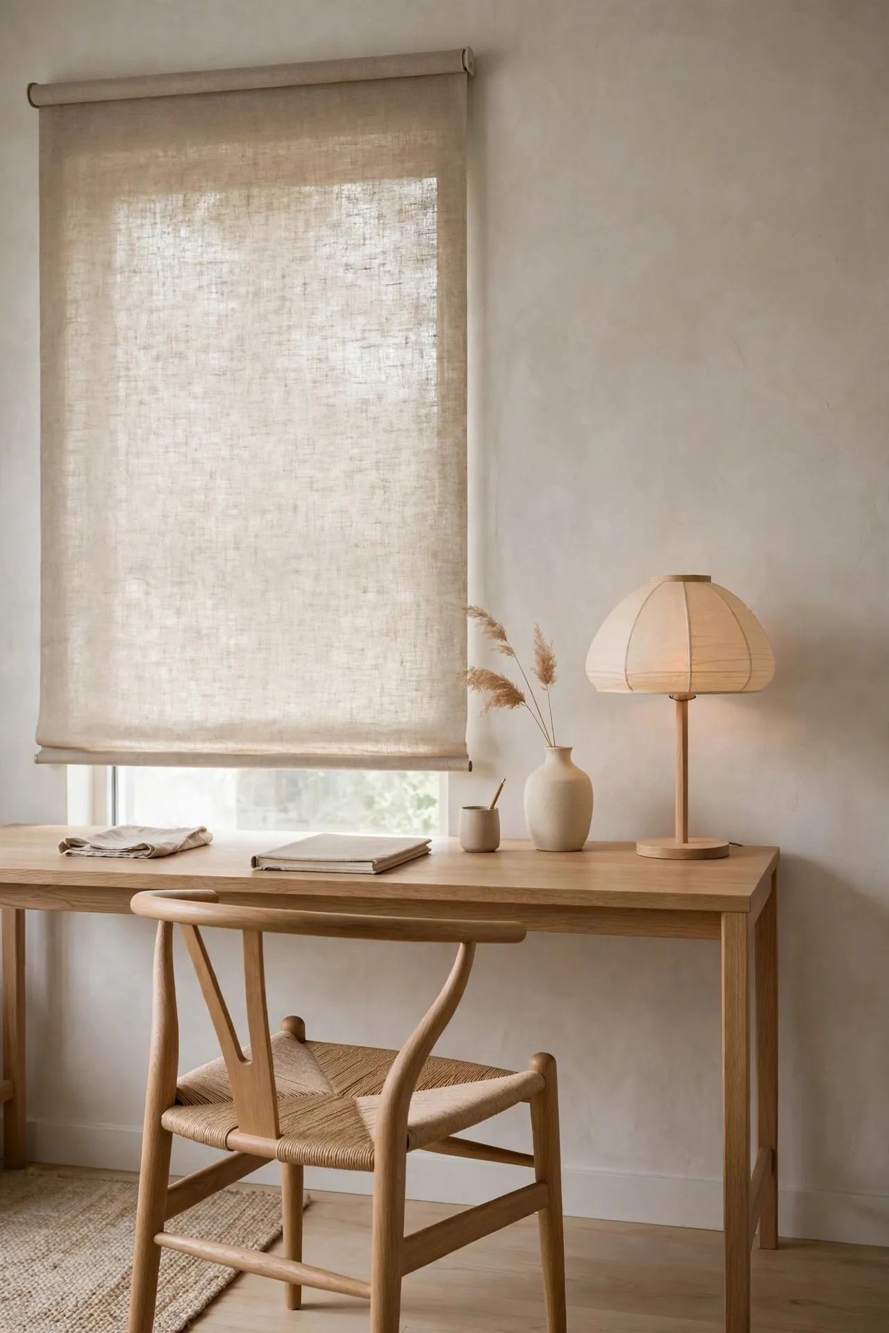 Japandi home office with oak desk and paper lamp
