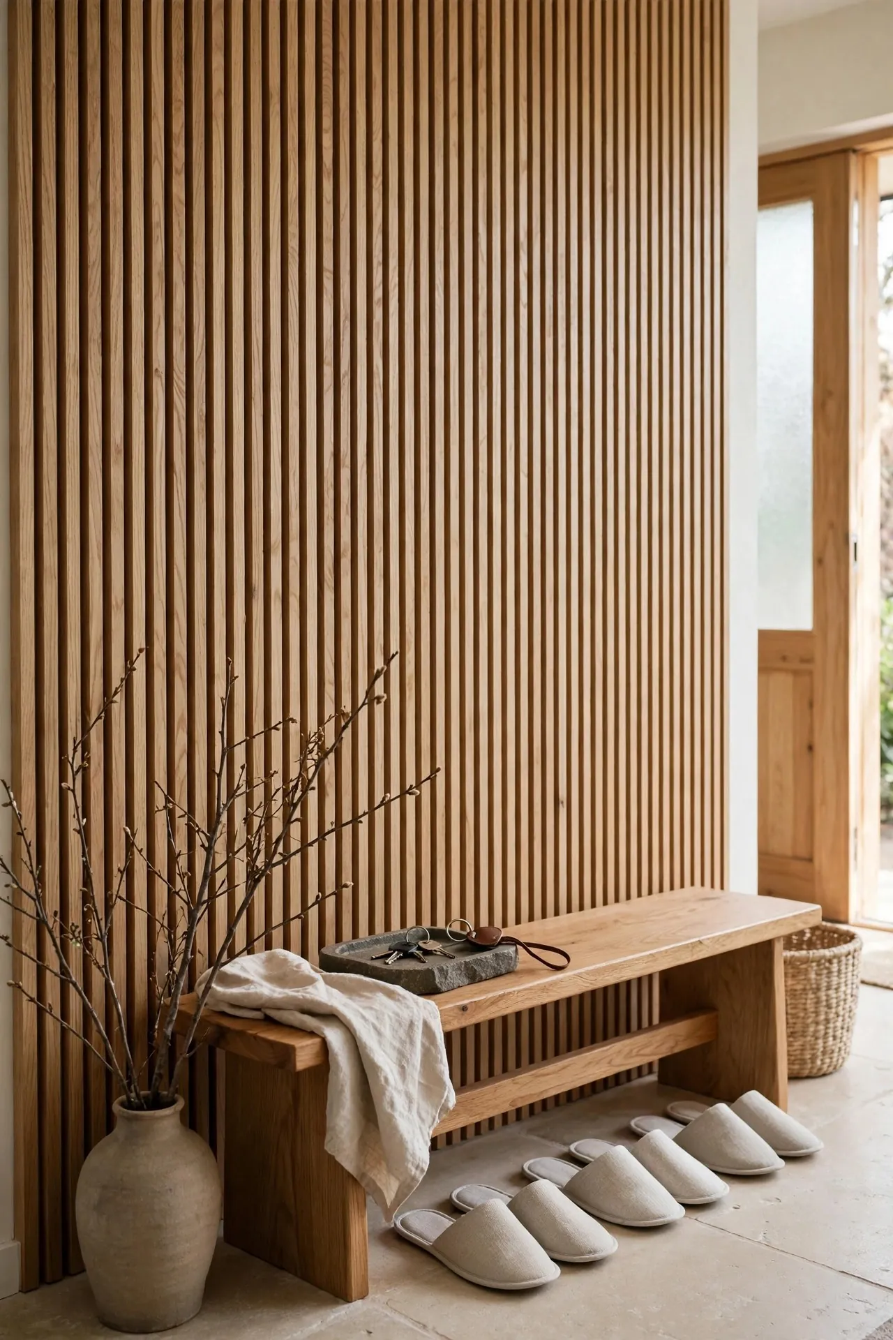 Japandi entryway with wooden bench and stone tray
