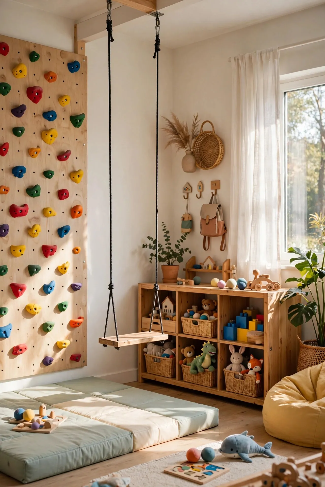 Kids playroom bedroom with a climbing wall and play mat