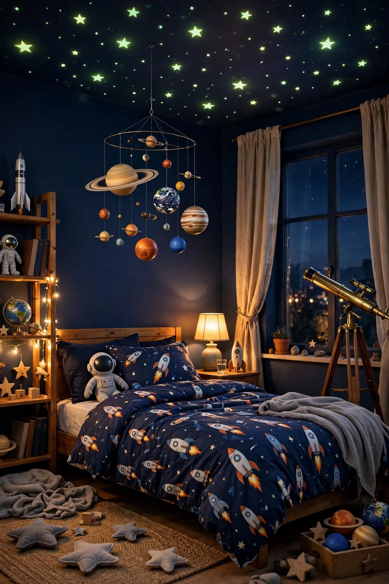 Outer space themed boys bedroom with planets and stars