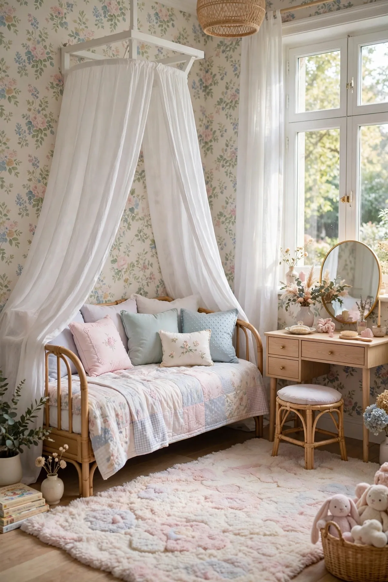 Girls bedroom with a canopy over the bed and soft pastels