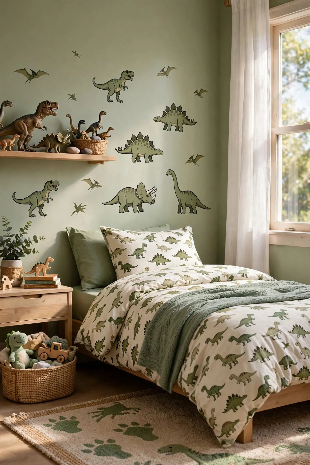 Dinosaur themed boys bedroom with green walls