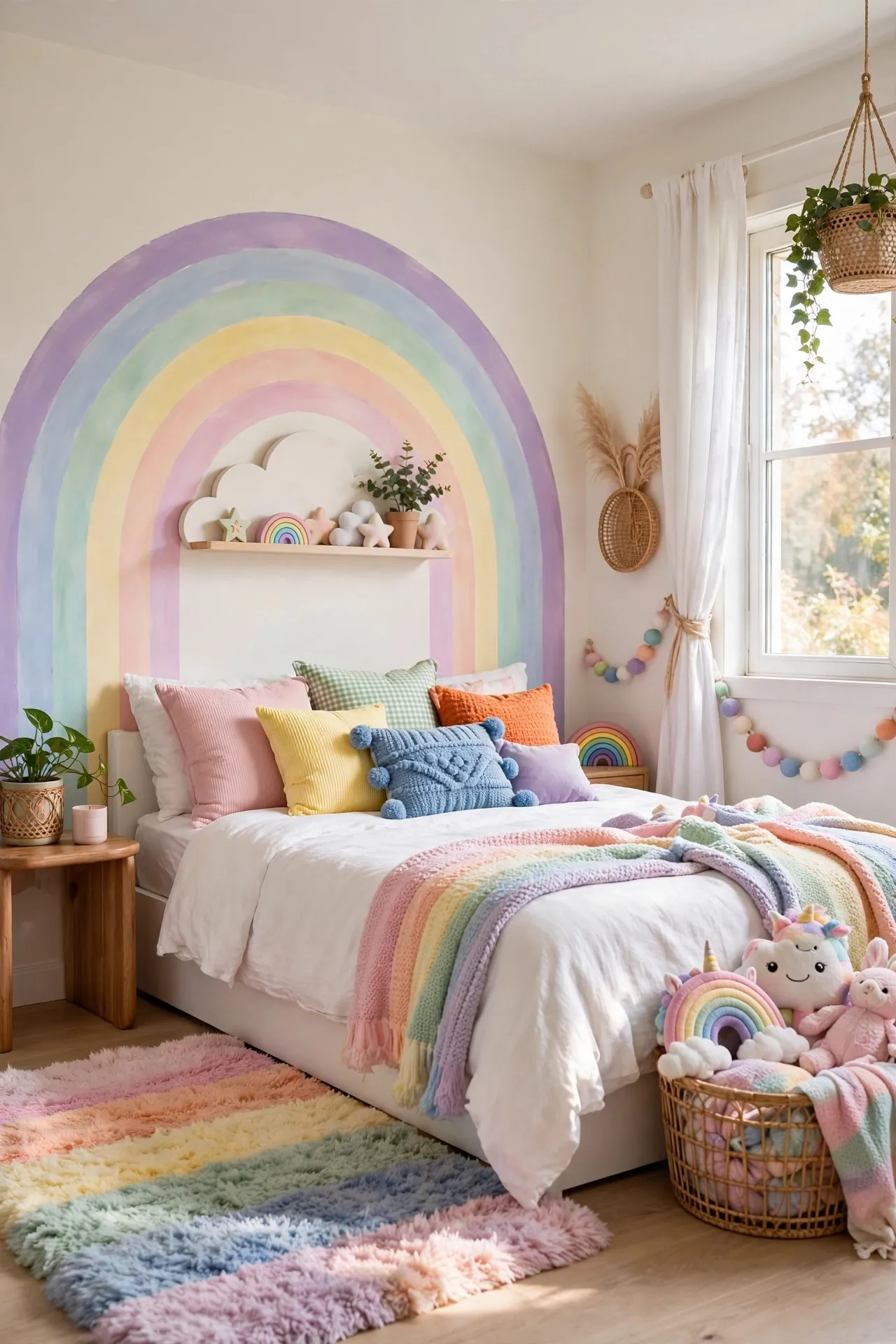 Rainbow themed girls bedroom with pastel colors
