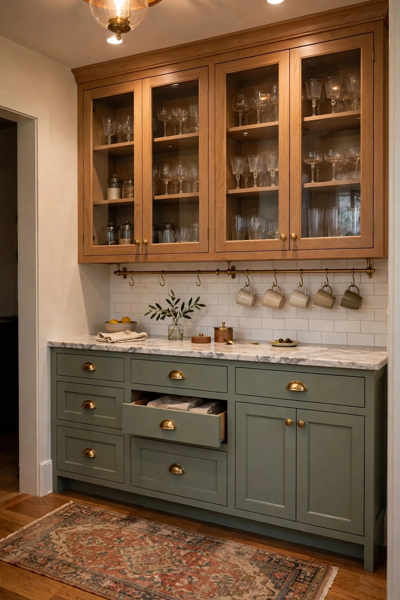 Butler's pantry with glass cabinets and a brass rail