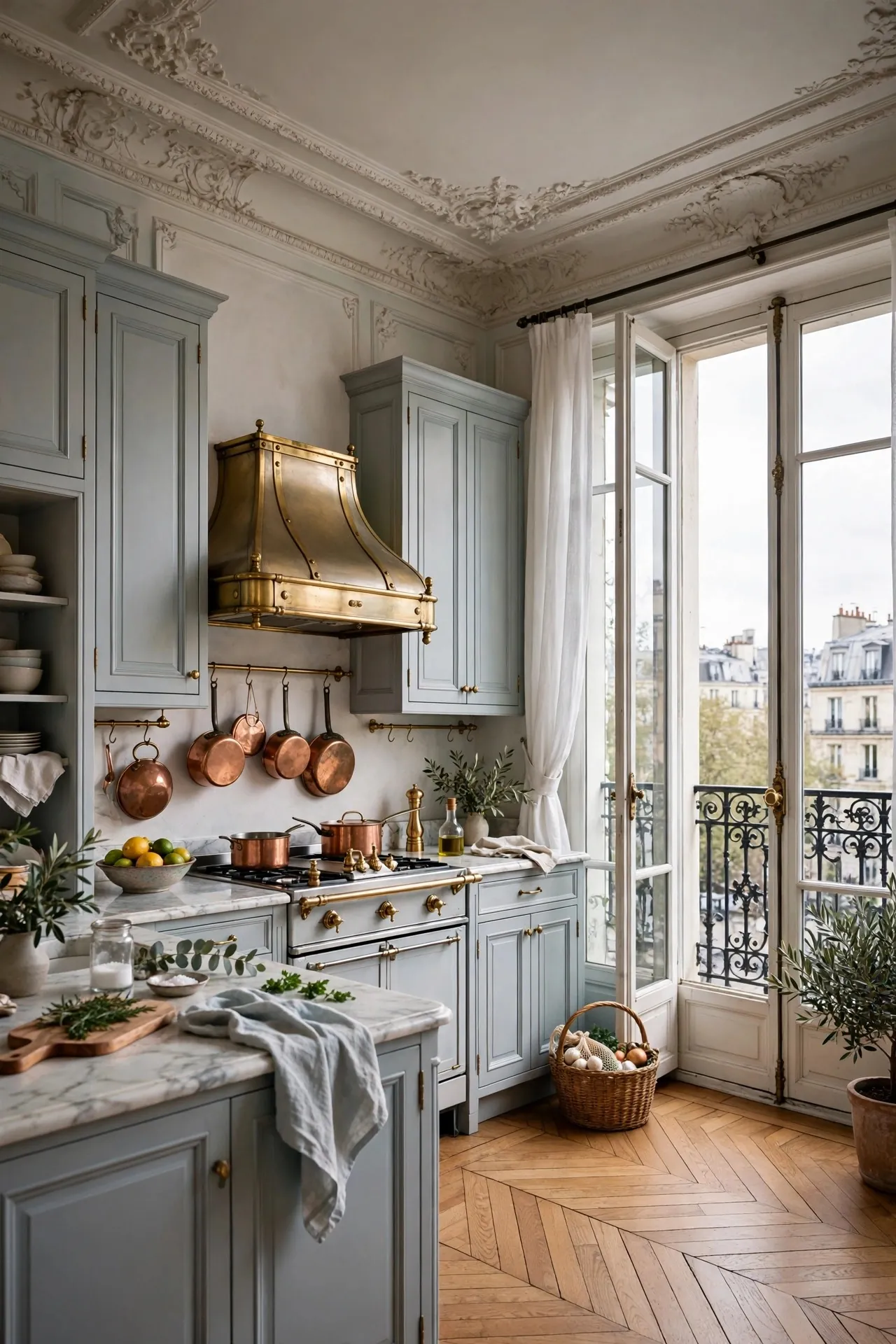 Parisian kitchen with herringbone floor and a brass range hood