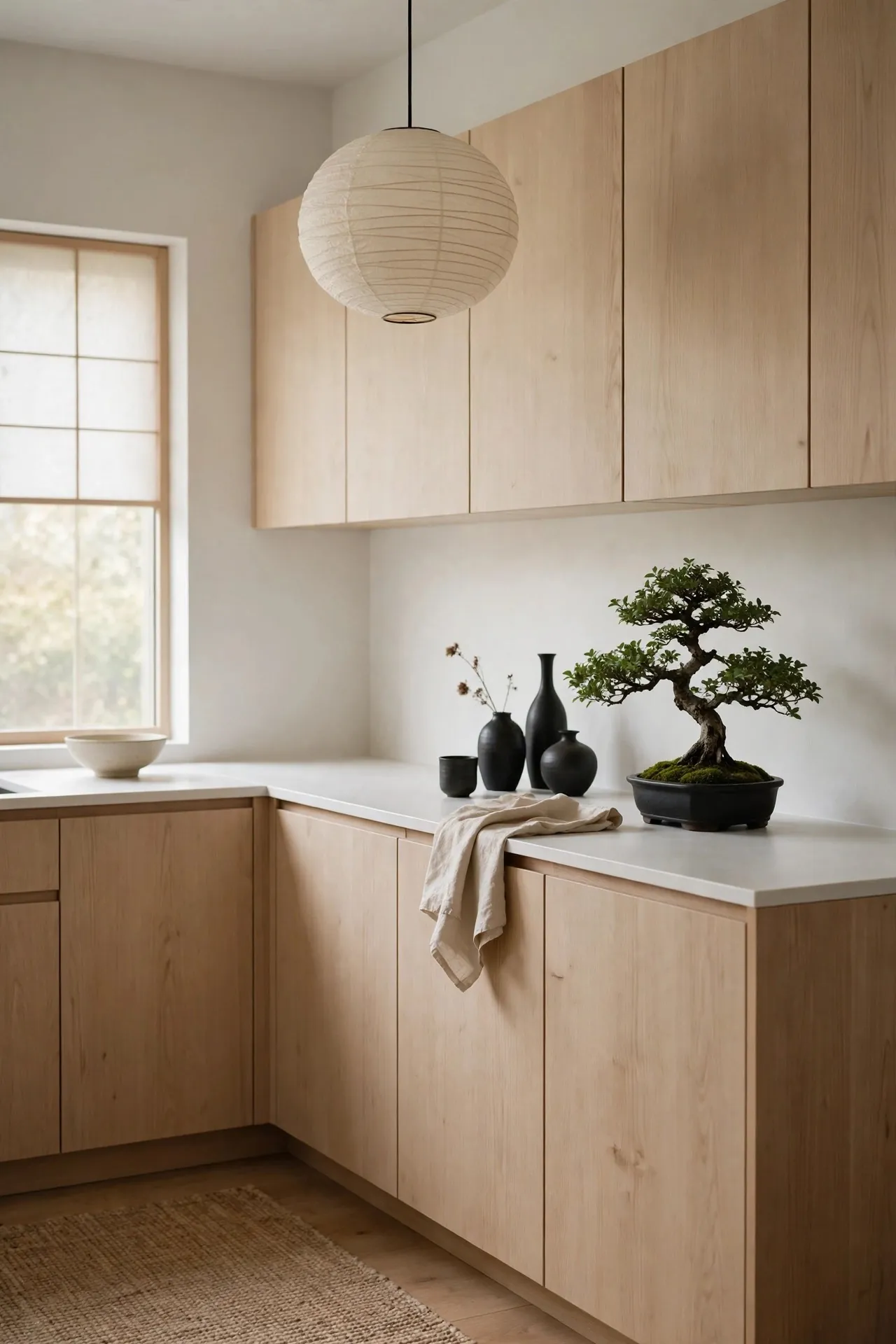 Japandi kitchen with light oak cabinets and minimal decor