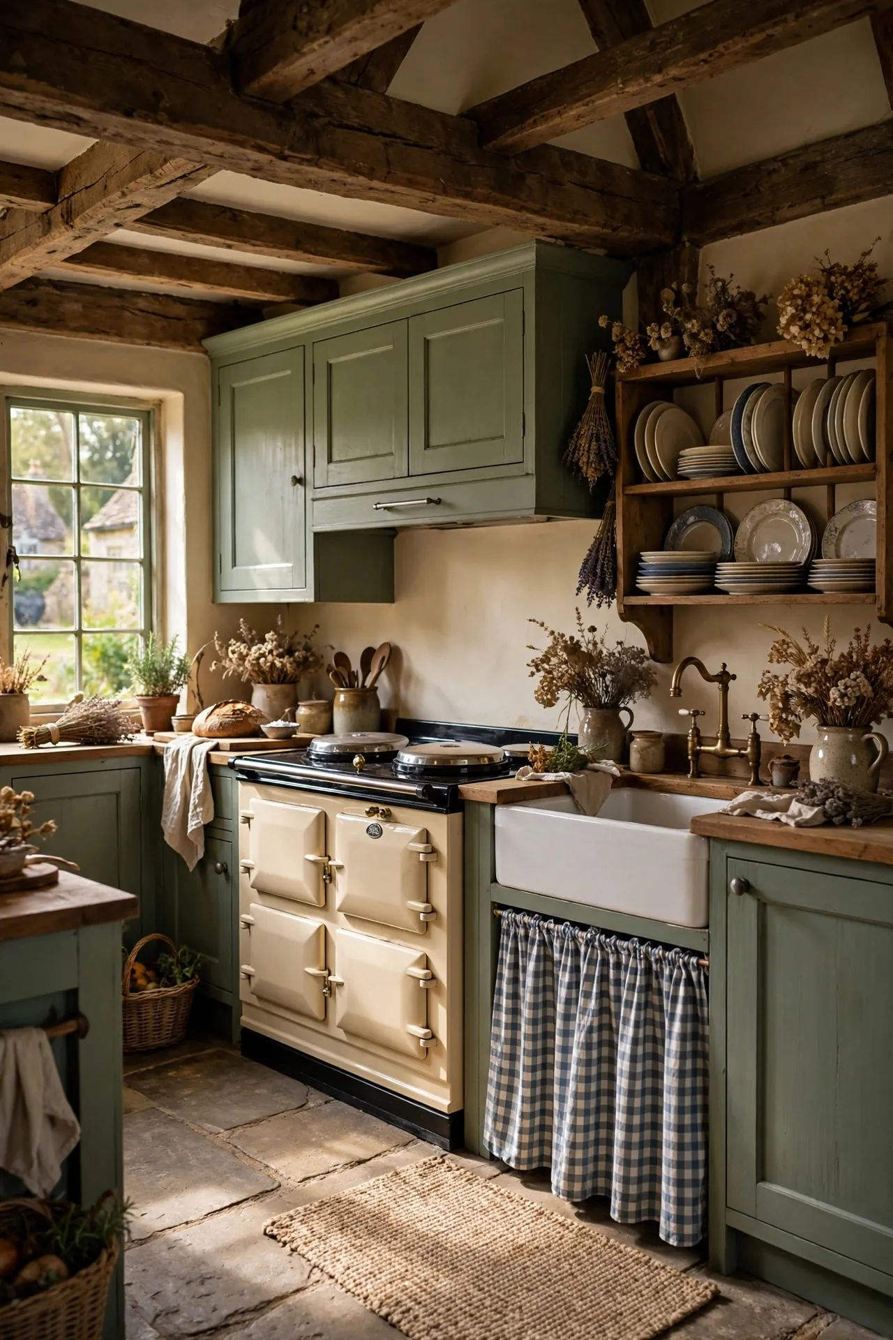 English cottage kitchen with a sage green range and checked curtains