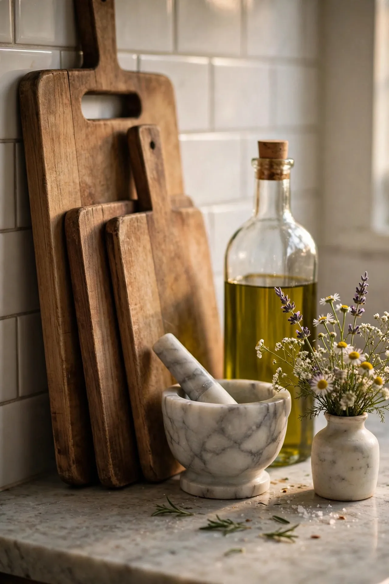 Kitchen counter corner styled with a cutting board, olive oil and flowers