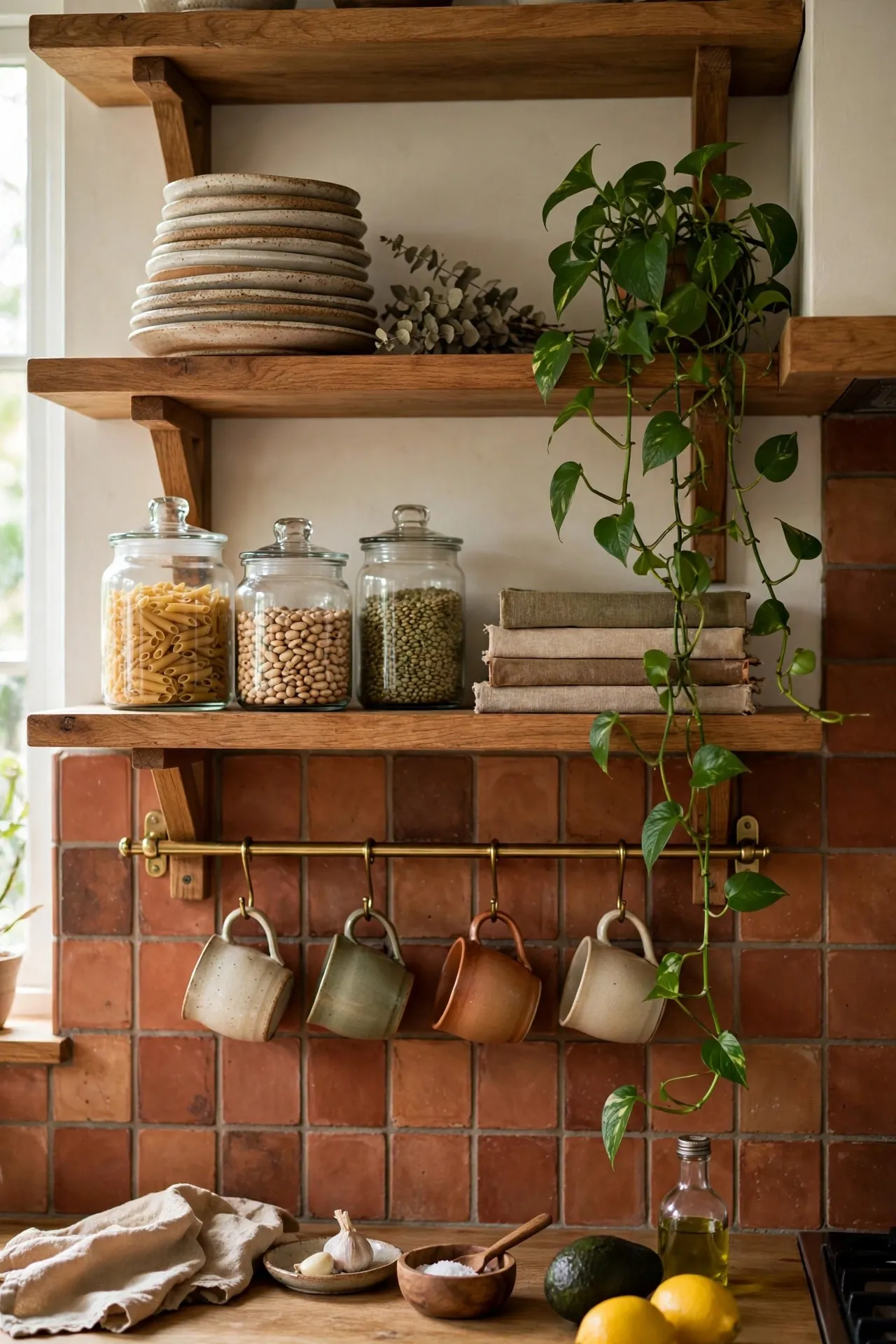 Kitchen open shelving styled with ceramics, glass jars and plants