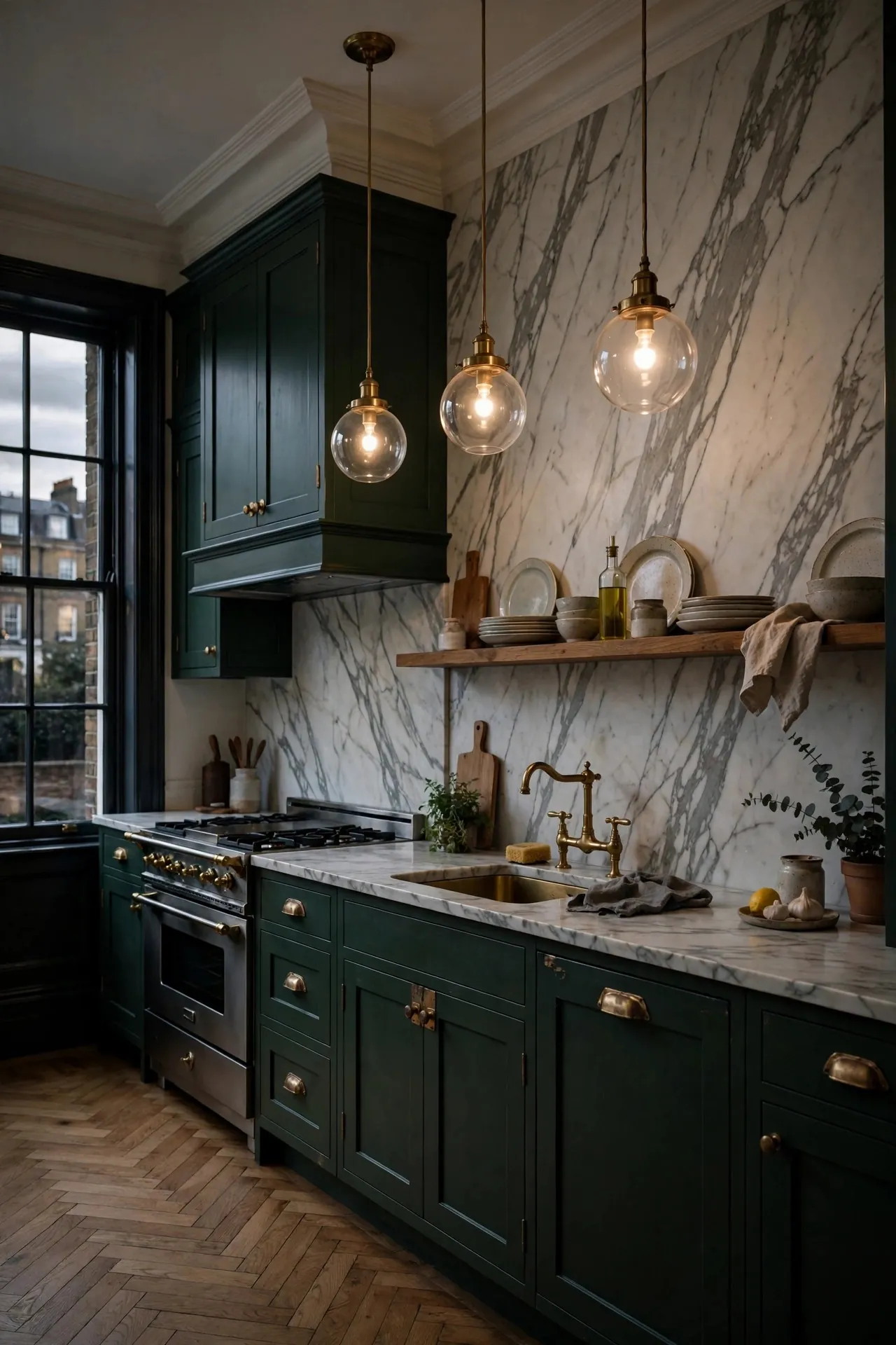 Deep green kitchen cabinets with brass hardware and a marble backsplash