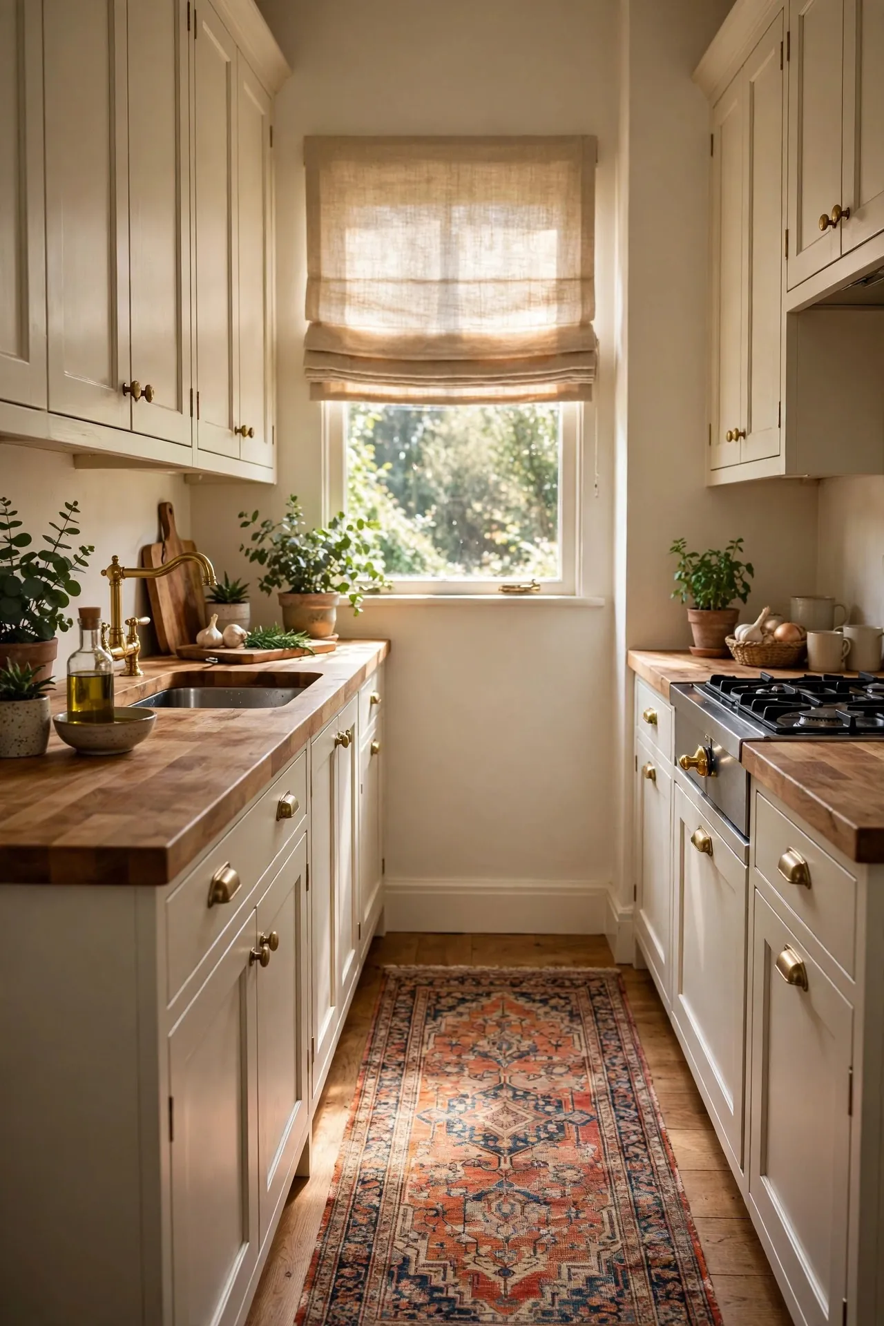 Vintage runner rug in a galley kitchen with butcher block counters
