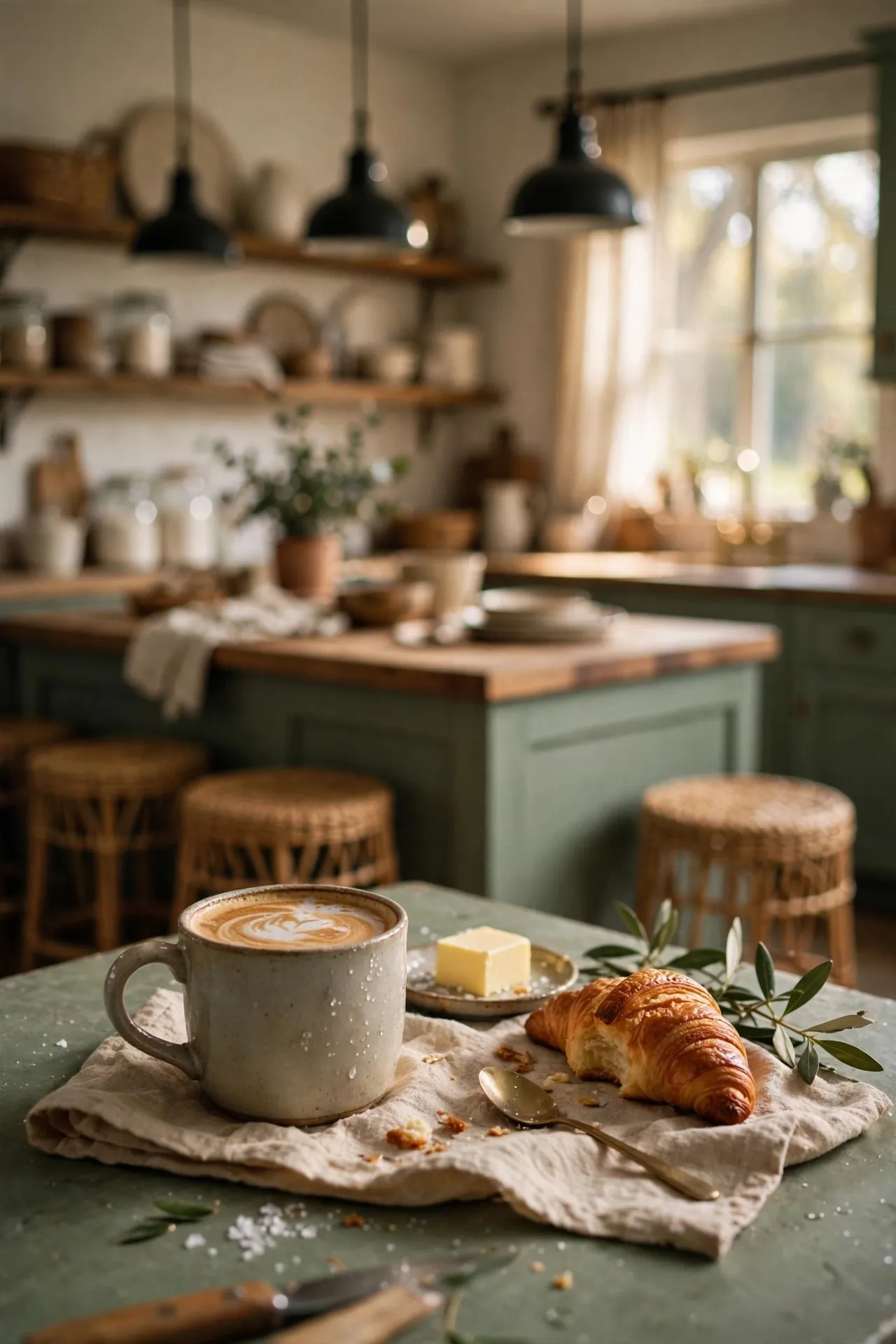 Farmhouse kitchen with a butcher block island and pendants