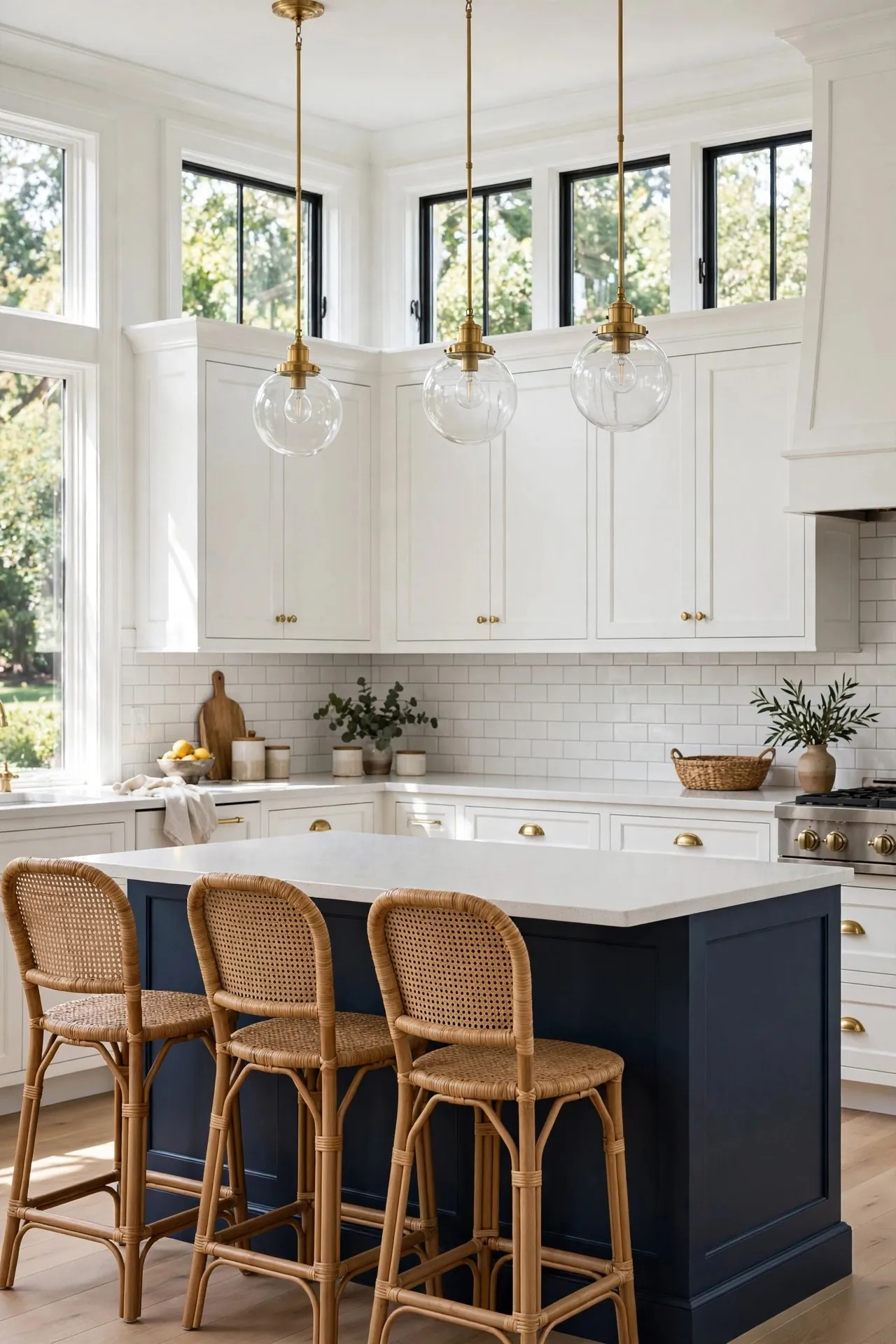 White kitchen with a navy blue painted island